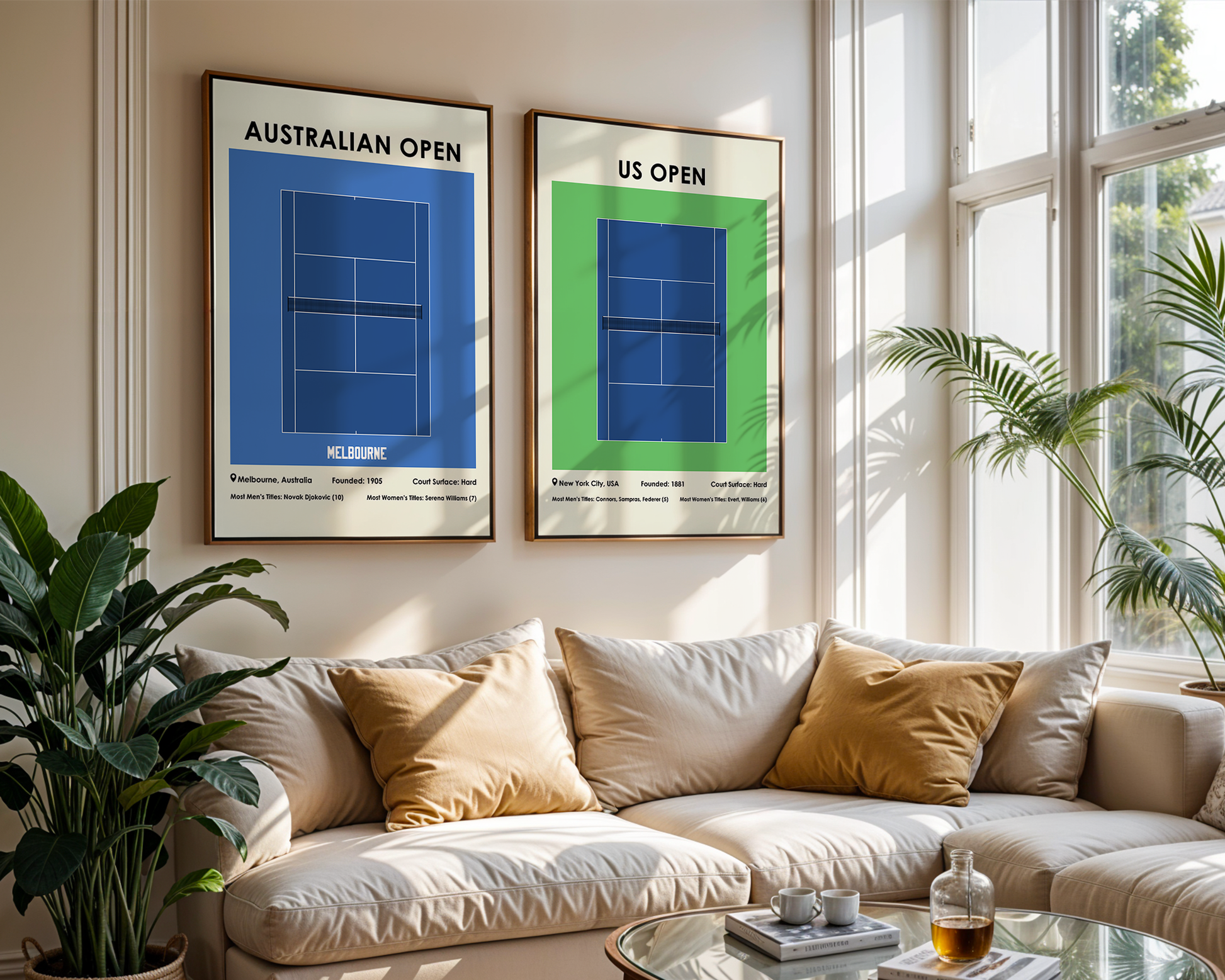 Living room with framed posters of tennis court layouts on the wall, a beige sofa with cushions, and a plant.