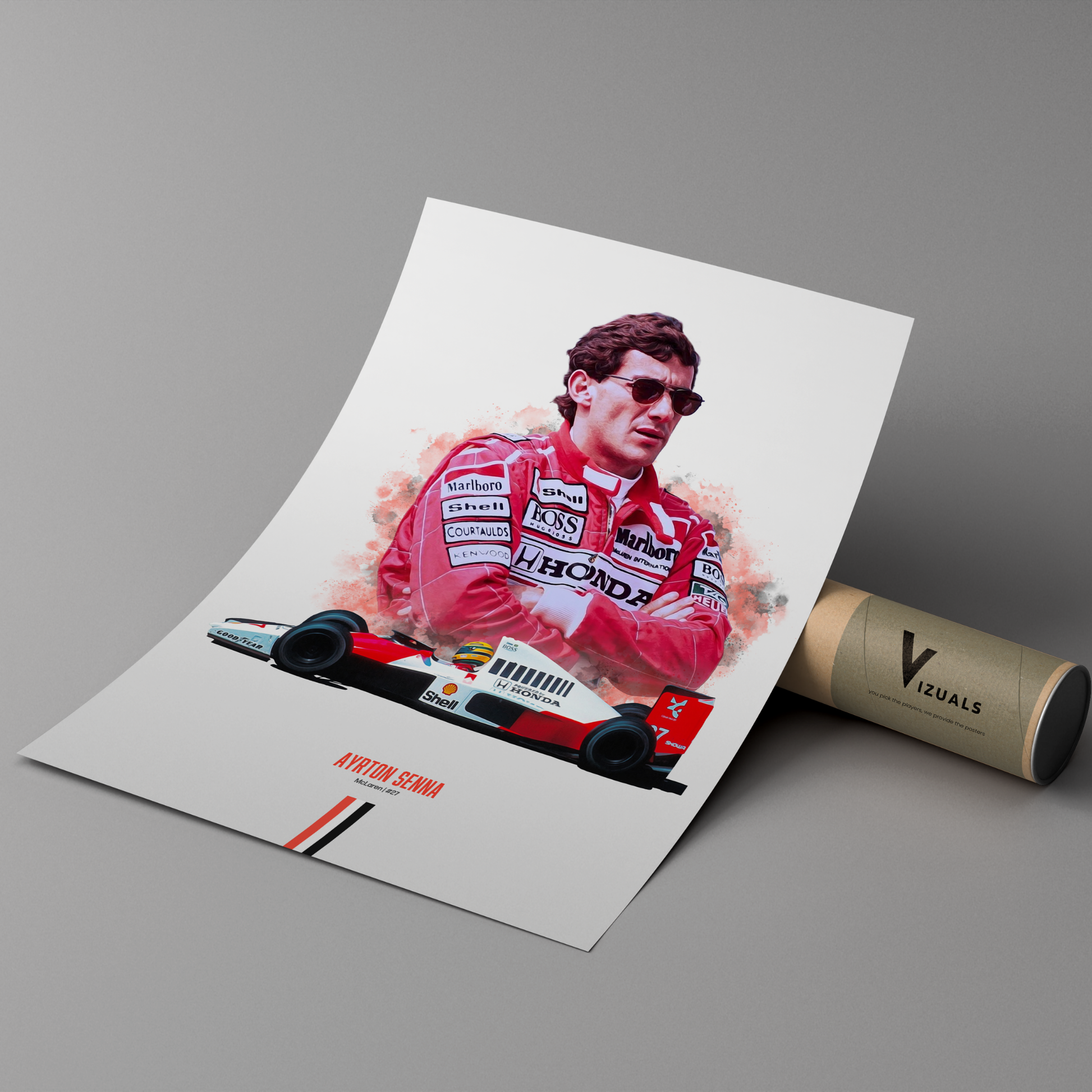 poster mockup of formula 1 driver ayrton senna leaning on a protective cardboard tube