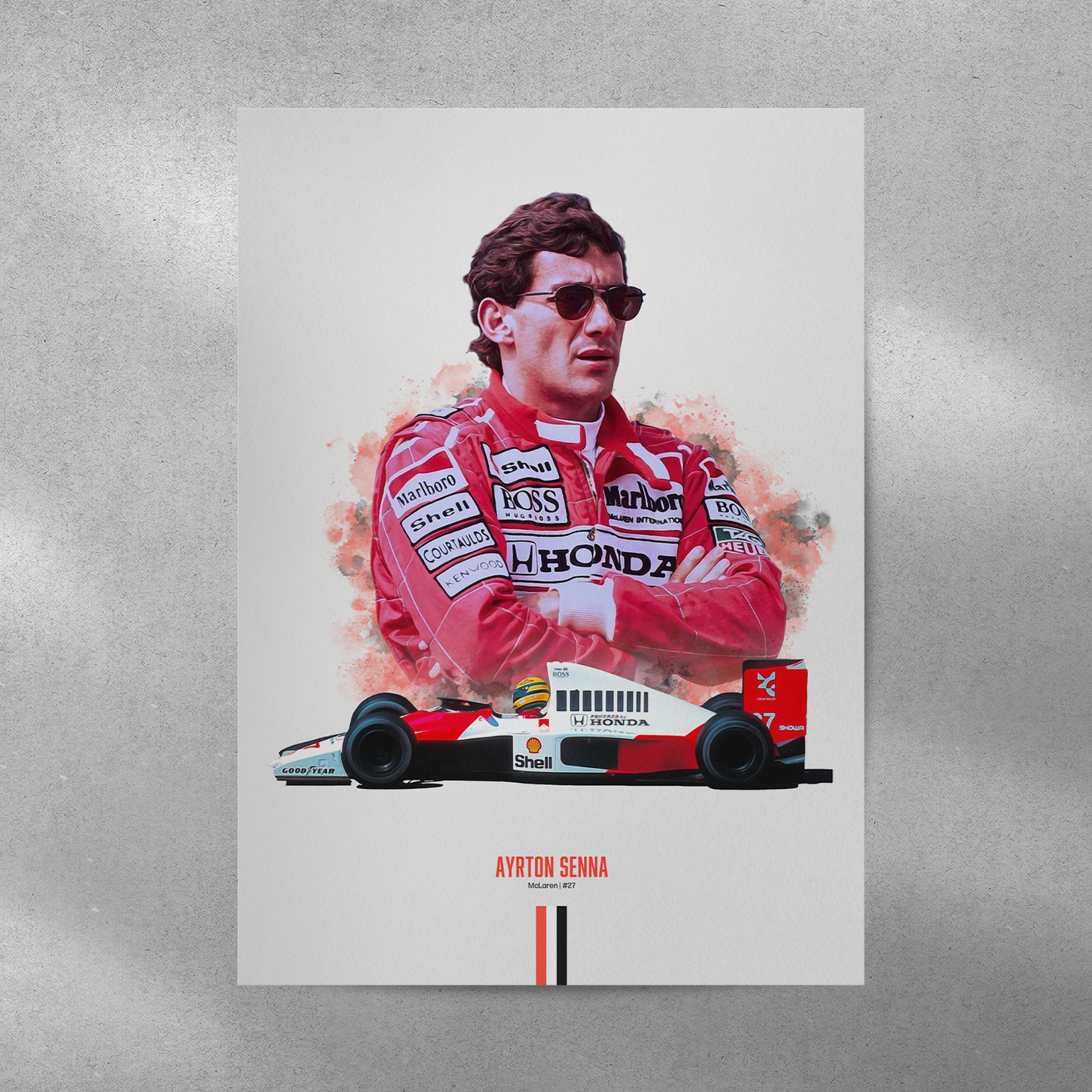 poster mockup of formula 1 driver ayrton senna on a grey wall