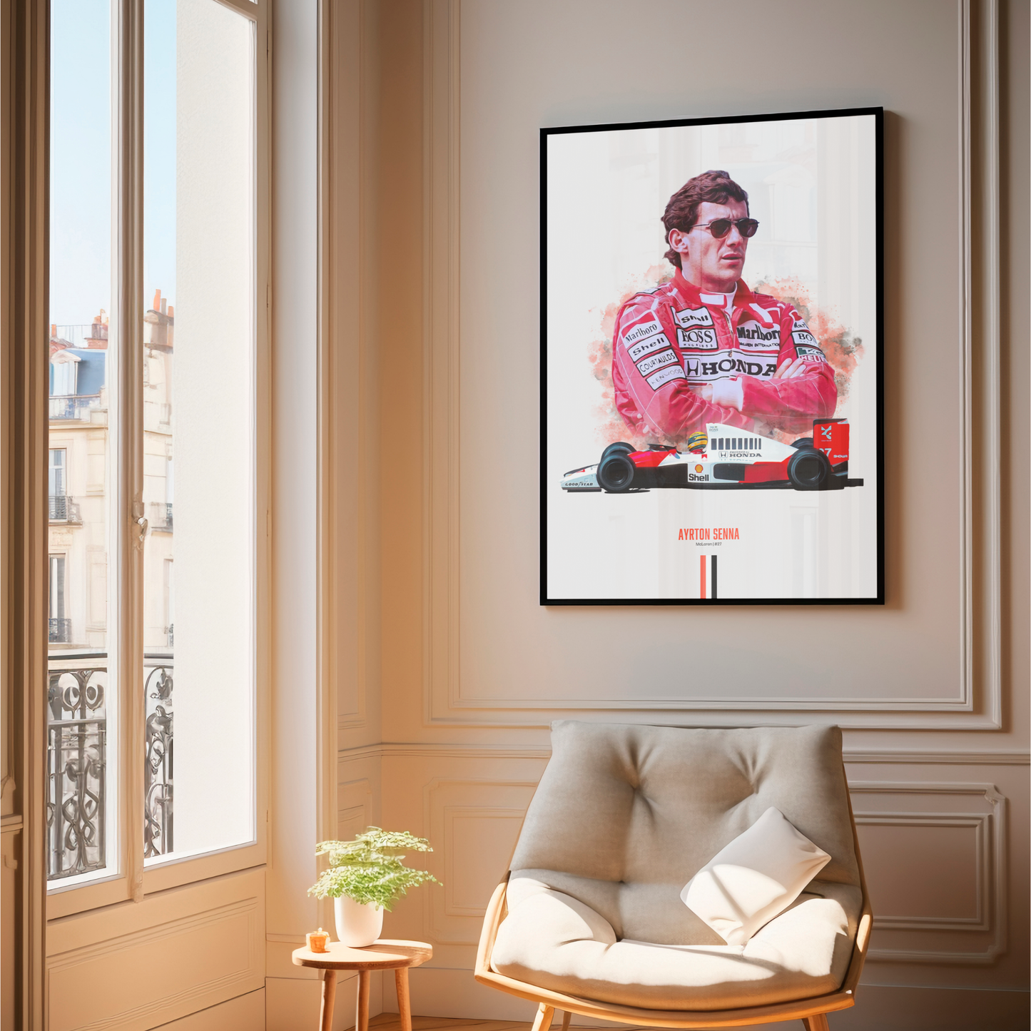 framed poster mockup of formula 1 driver ayrton senna hanging in a living room