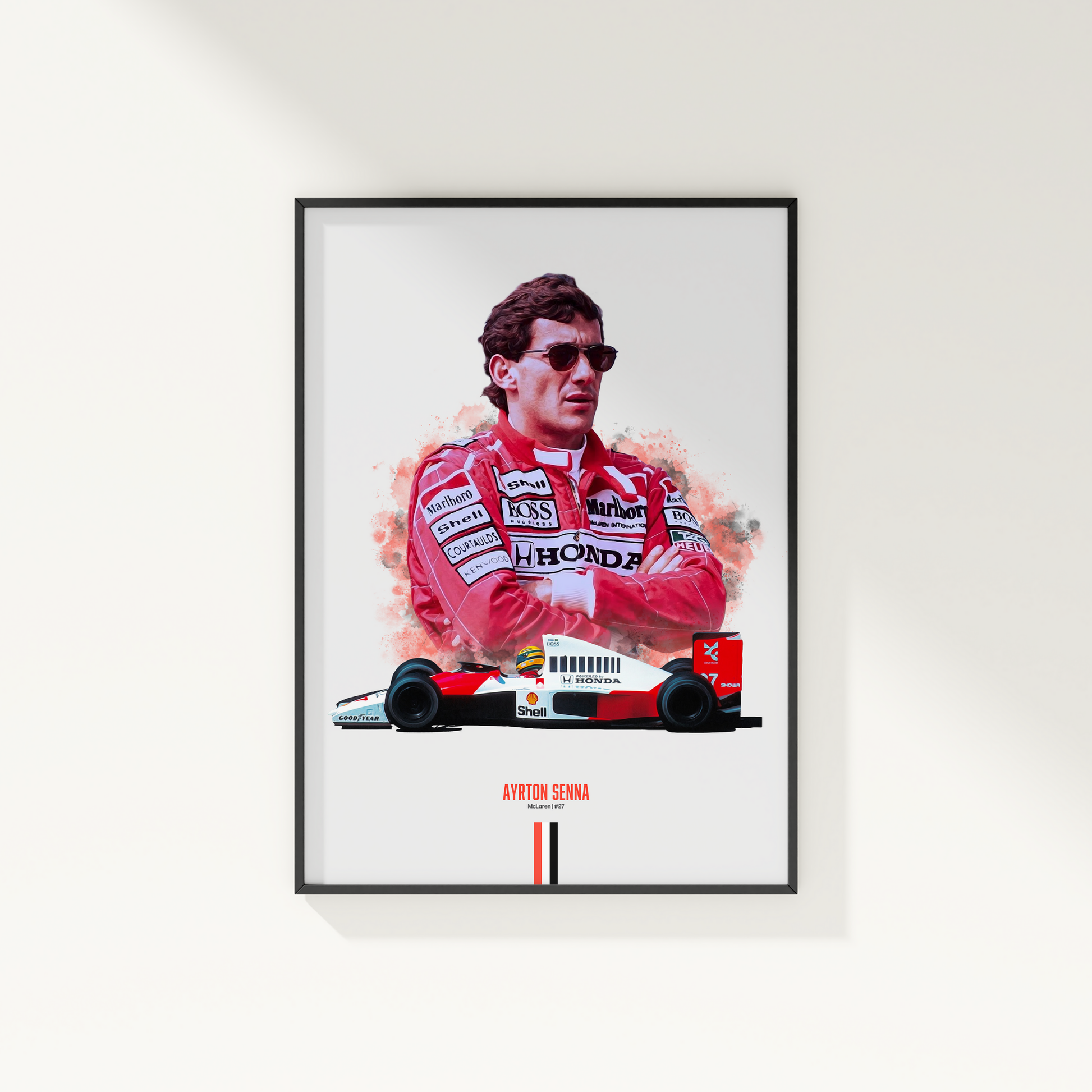 framed poster mockup of formula 1 driver ayrton senna hanging on a white wall