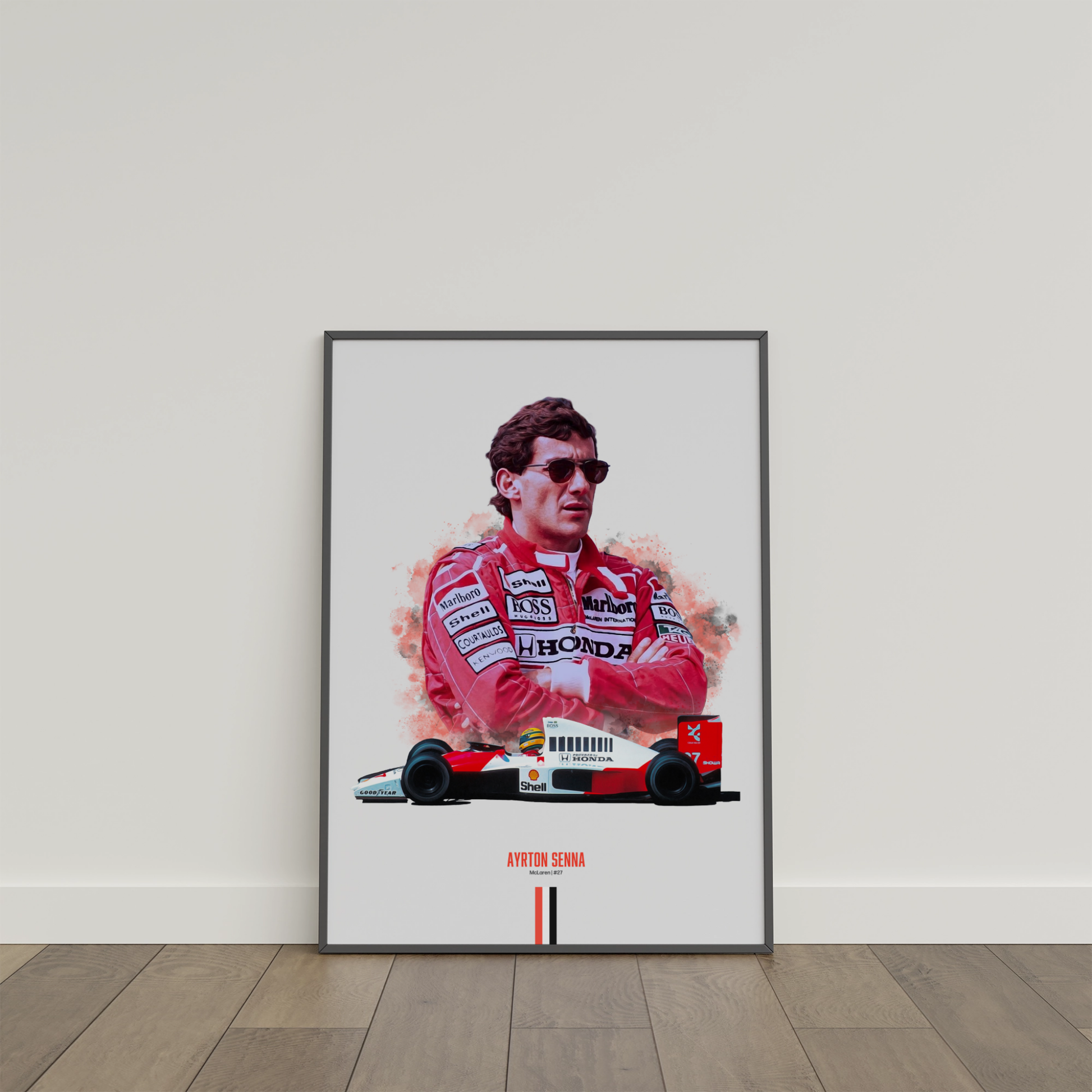 framed poster mockup of formula 1 driver ayrton senna leaning on a white wall