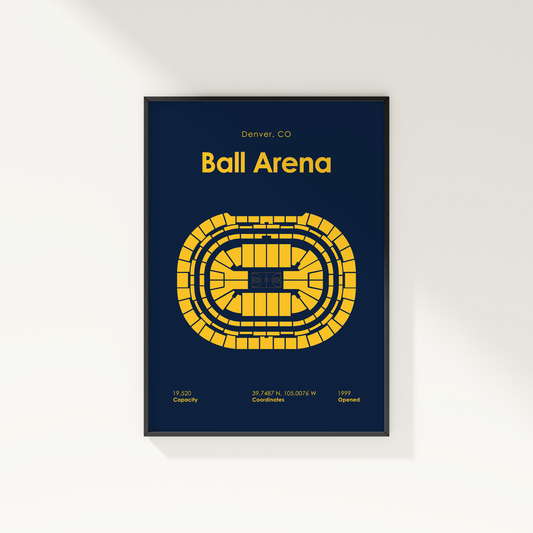 Framed poster of Ball Arena with yellow design and text on a blue background