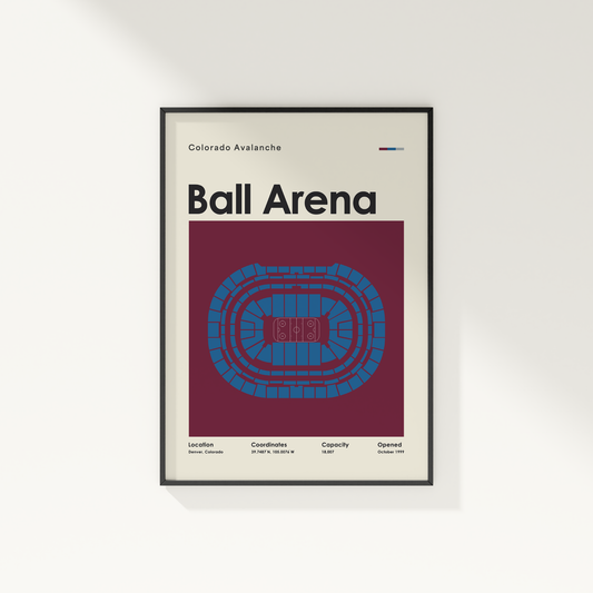 Framed poster of Ball Arena with Colorado Avalanche branding on a white wall.