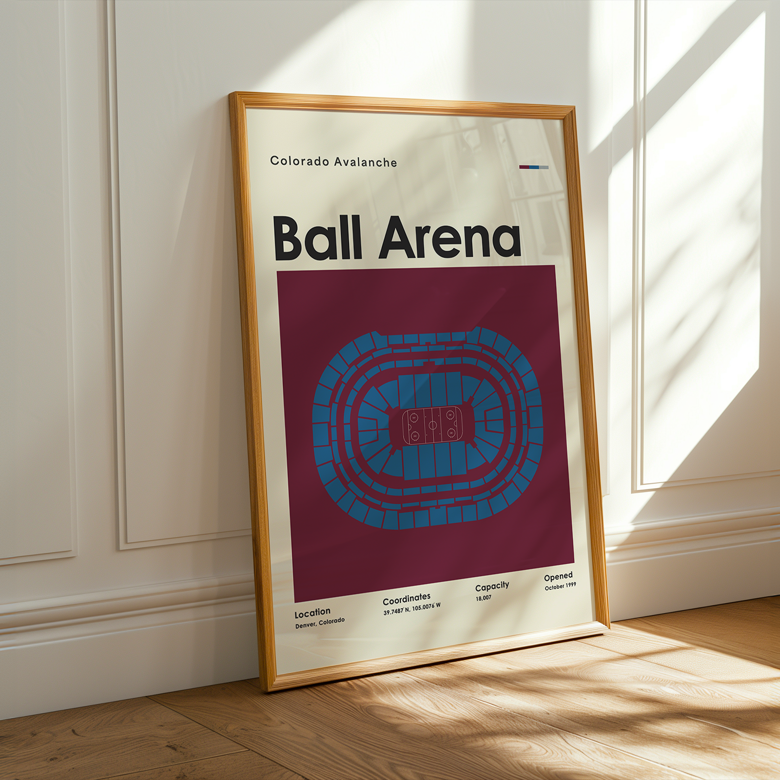 Framed poster of Ball Arena with Colorado Avalanche branding on a wooden floor.