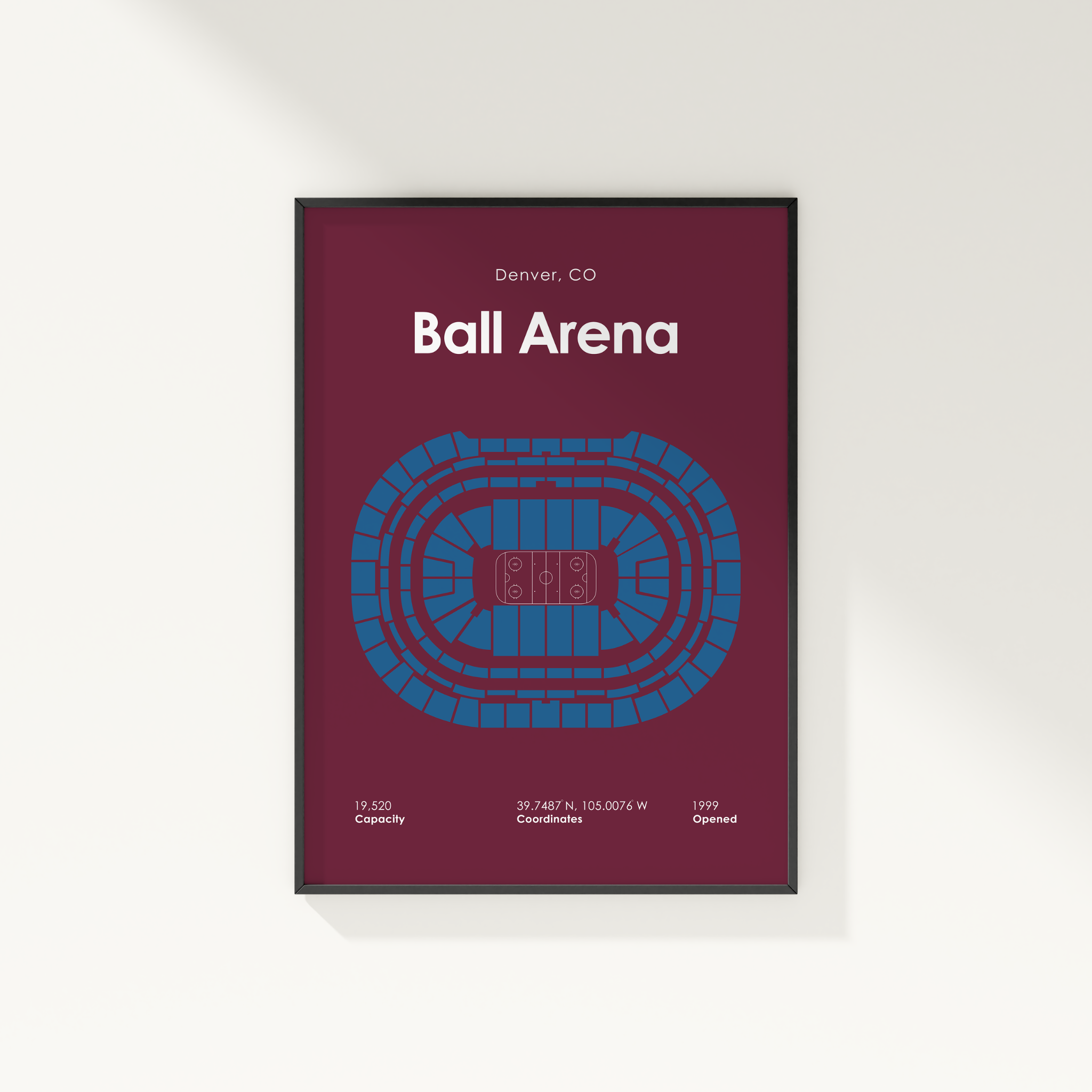 Framed poster of Ball Arena in Denver, CO with seating chart on a maroon background.