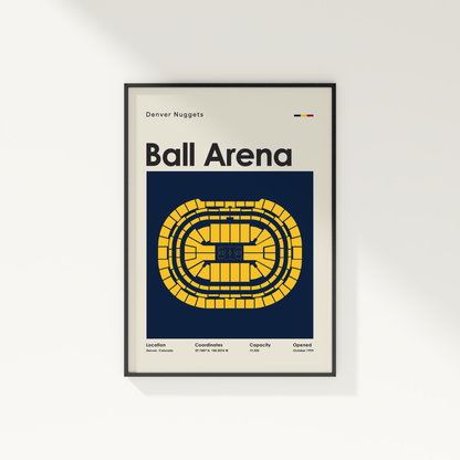 Framed poster of Ball Arena with Denver Nuggets branding on a white wall.