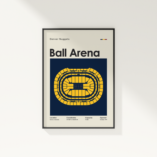 Framed poster of Ball Arena with Denver Nuggets branding on a white wall.