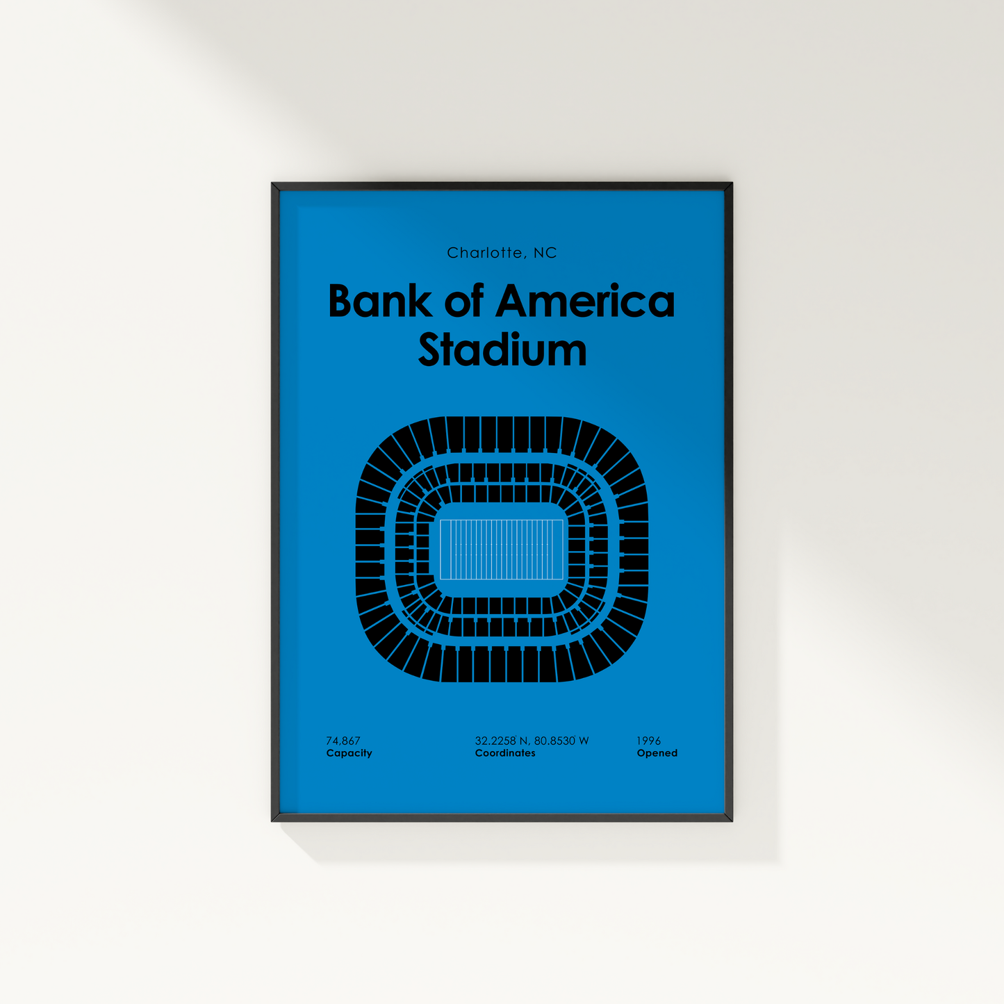 Framed poster of Bank of America Stadium with blue background and black text.
