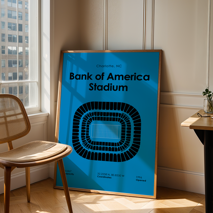Framed poster of Bank of America Stadium in a room with a chair and table.