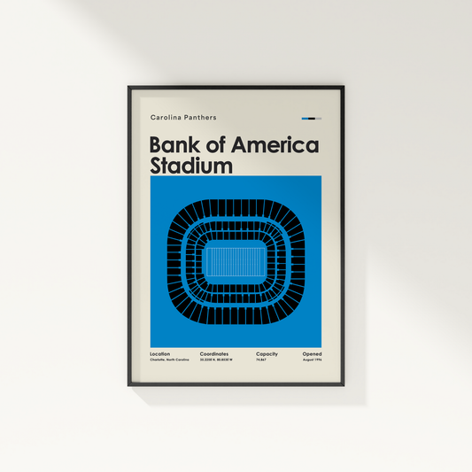 Framed poster of Bank of America Stadium with Carolina Panthers branding on a white wall.