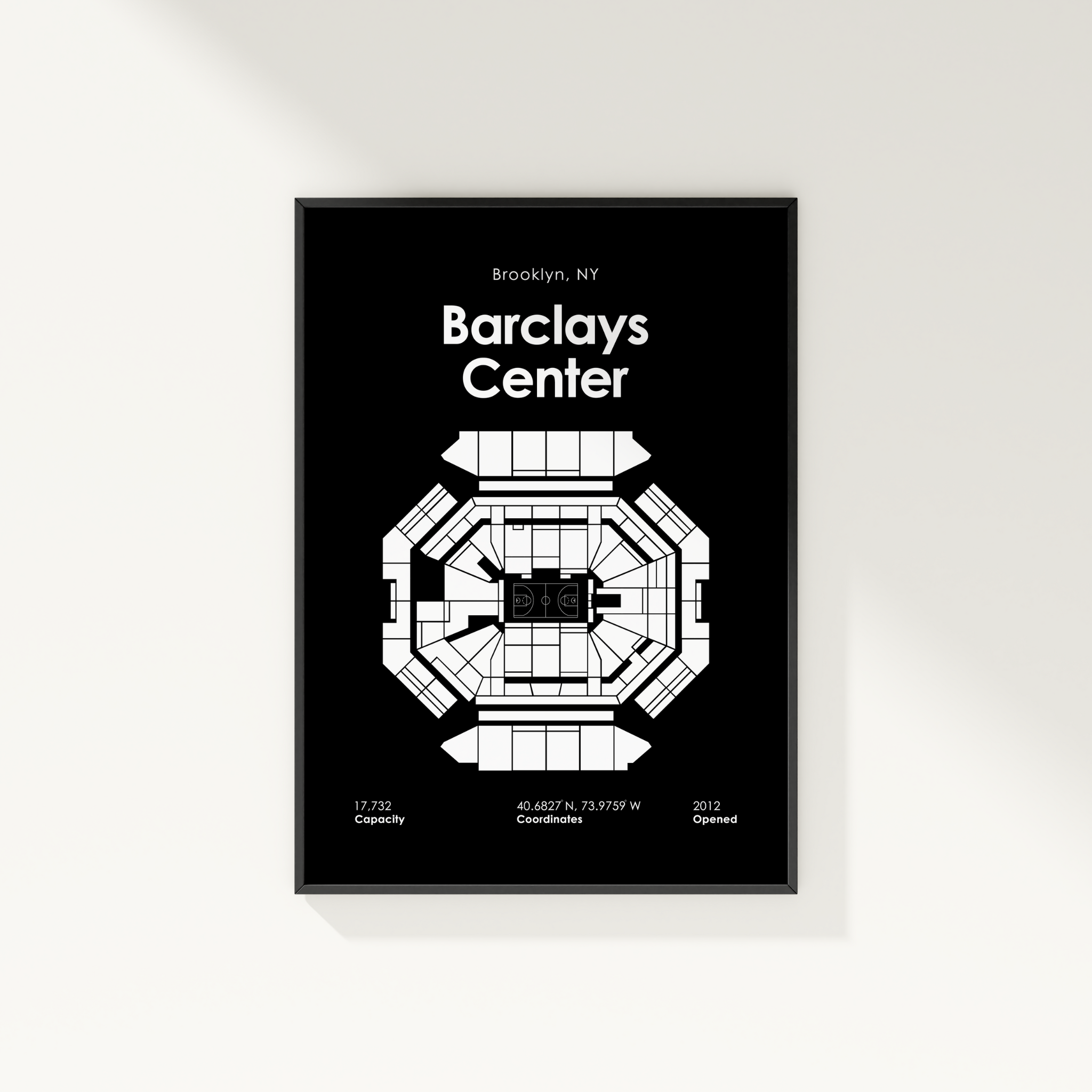 Framed poster of Barclays Center layout with black background and white design