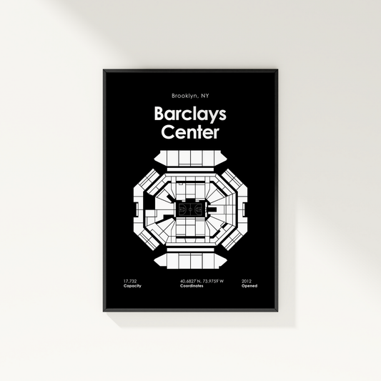 Framed poster of Barclays Center layout with black background and white design