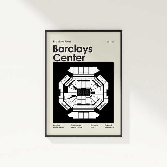 Framed poster of Barclays Center layout with 'Brooklyn Nets' text on a white background