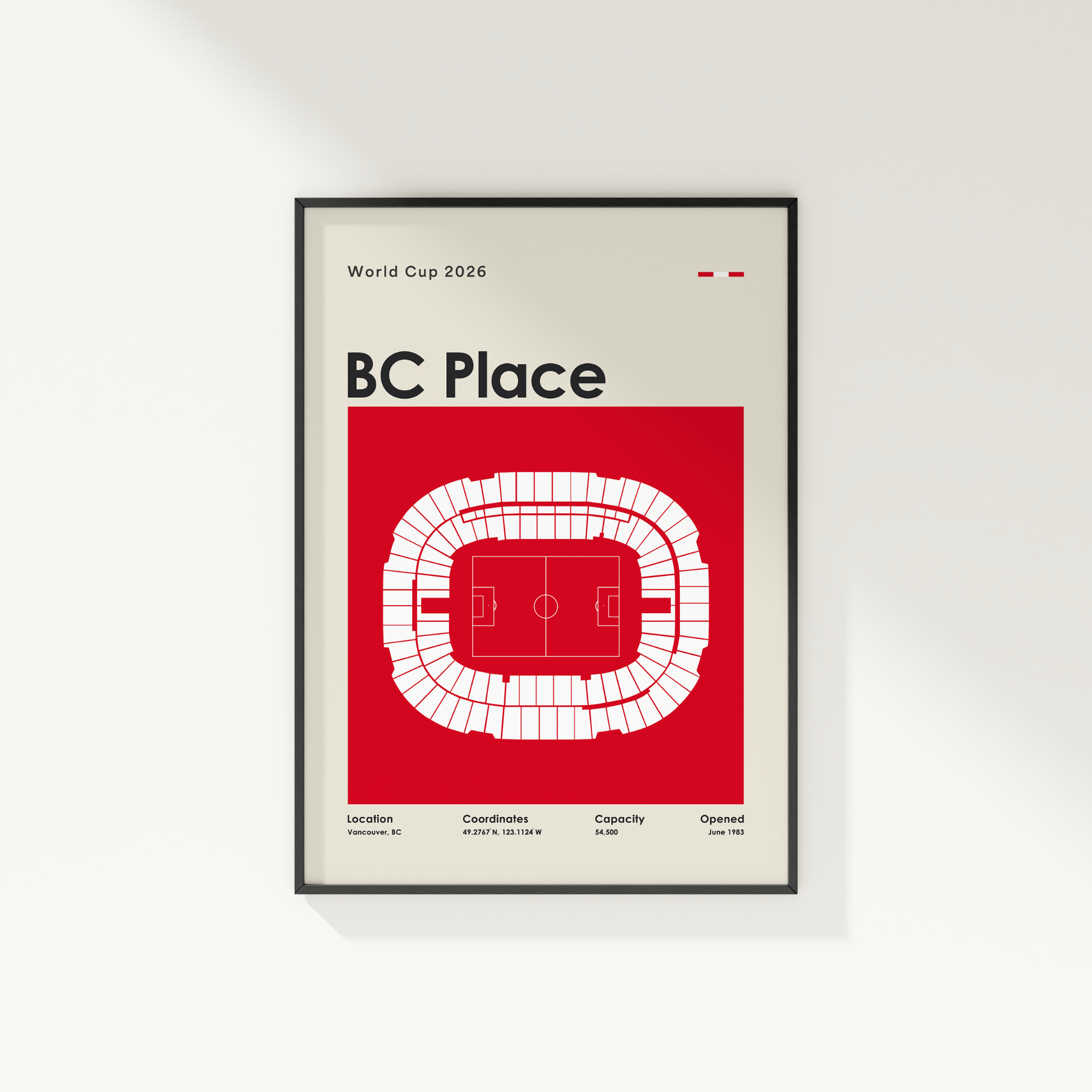 Framed poster of BC Place stadium layout with red and black design on a white background