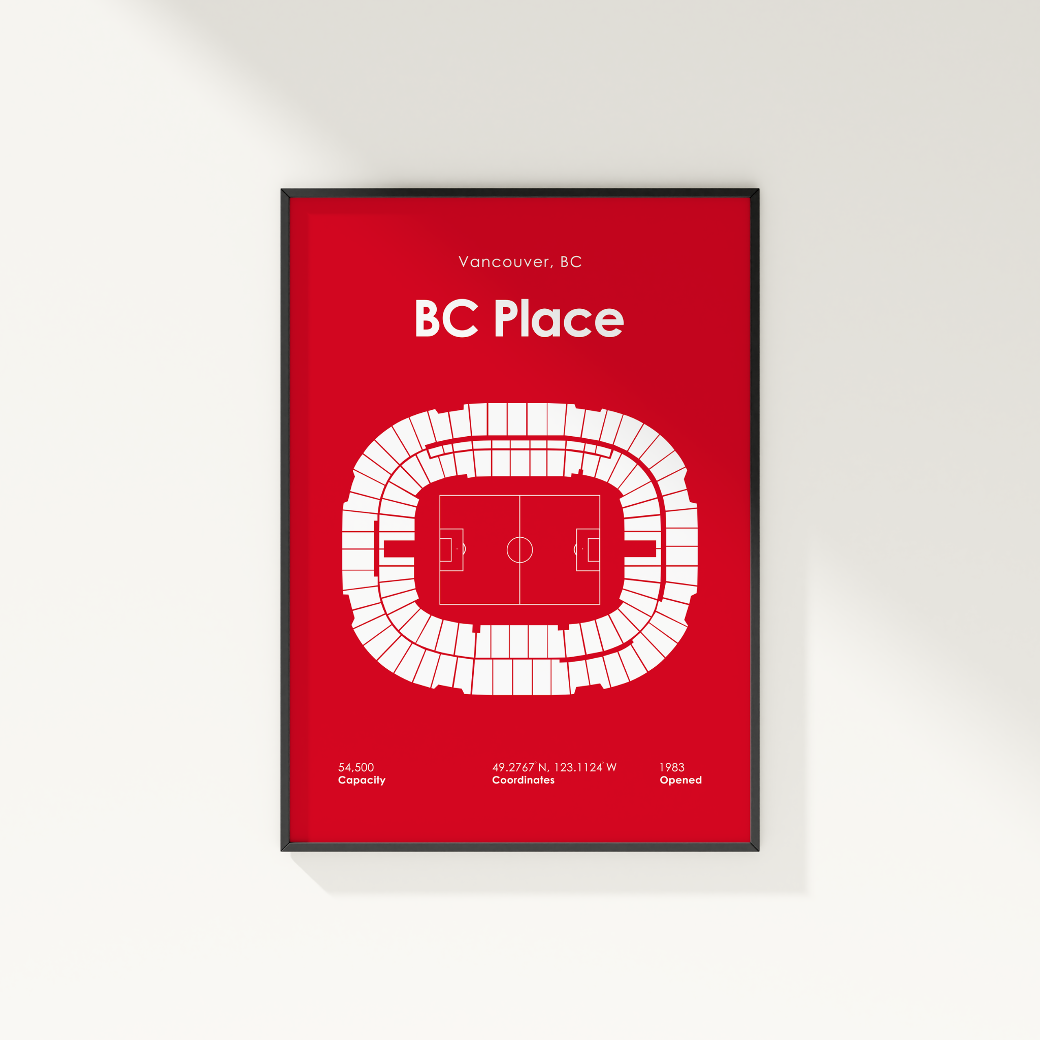 Framed poster of BC Place stadium layout on a red background