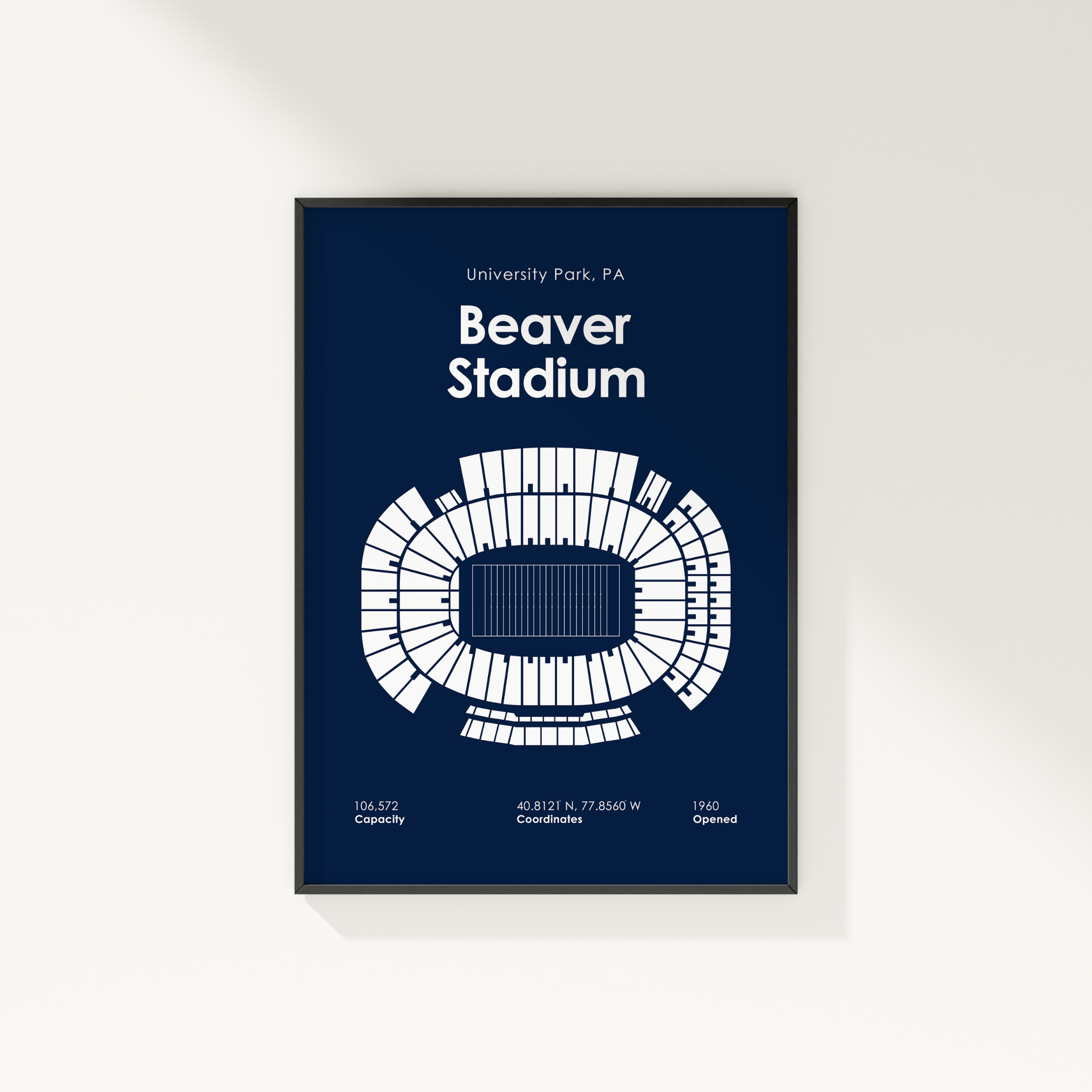 A framed poster of Beaver Stadium in University Park, PA, featuring a white stadium floor plan and text on a dark navy blue background, shown hanging on a light beige wall.