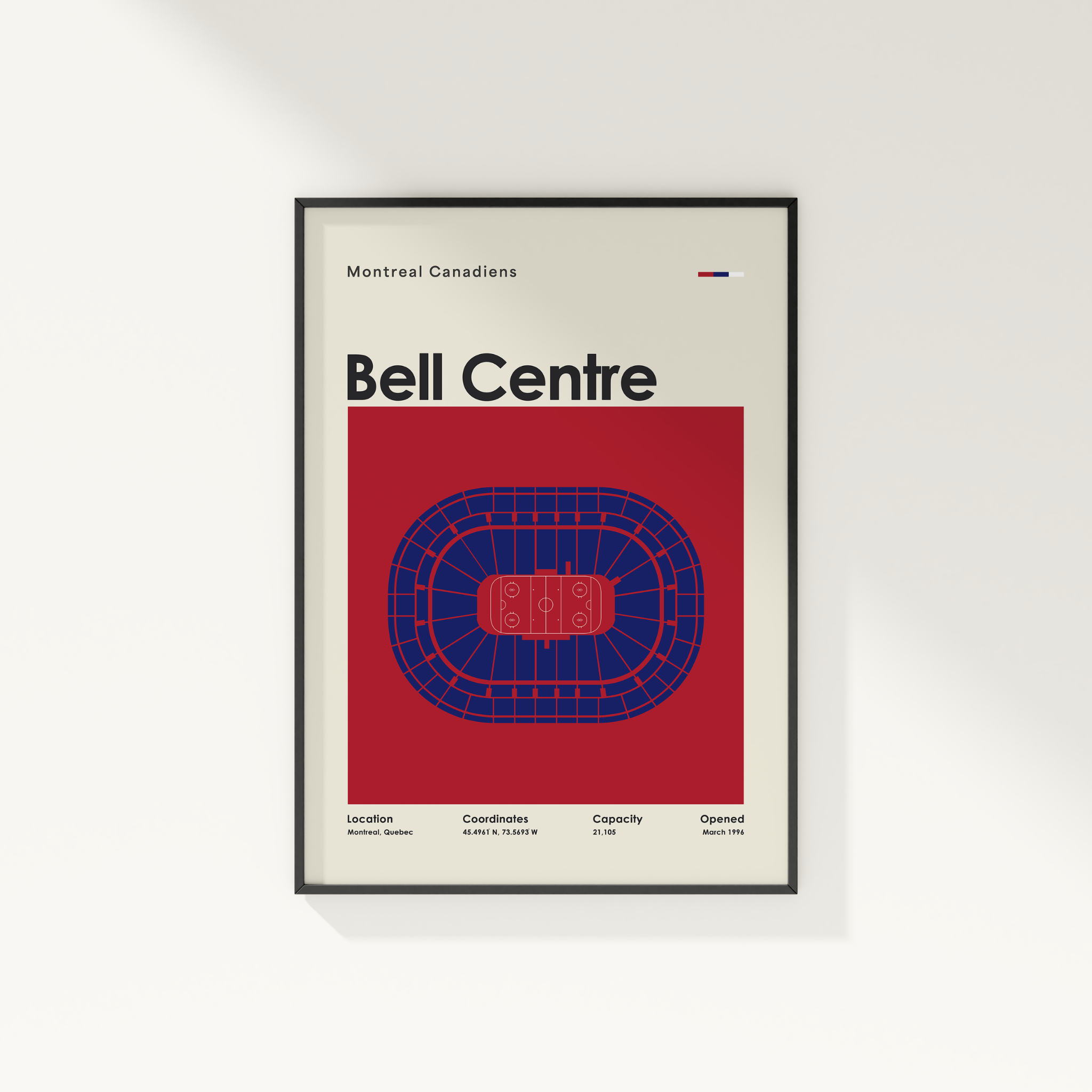 Framed poster of the Bell Centre with Montreal Canadiens branding on a white wall.