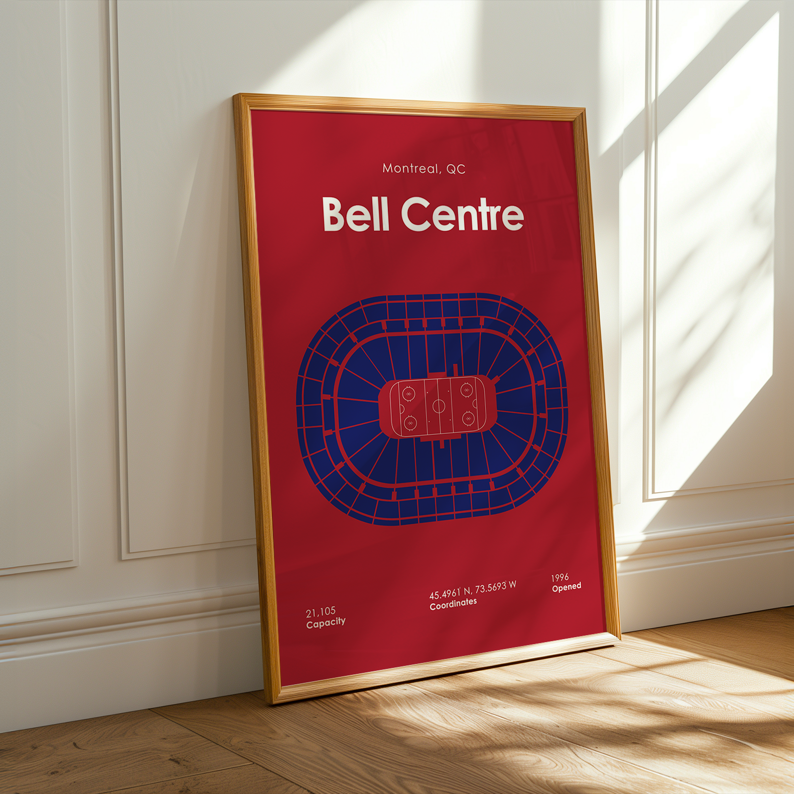 Poster of the Bell Centre in Montreal, QC, framed and leaning against a wall.