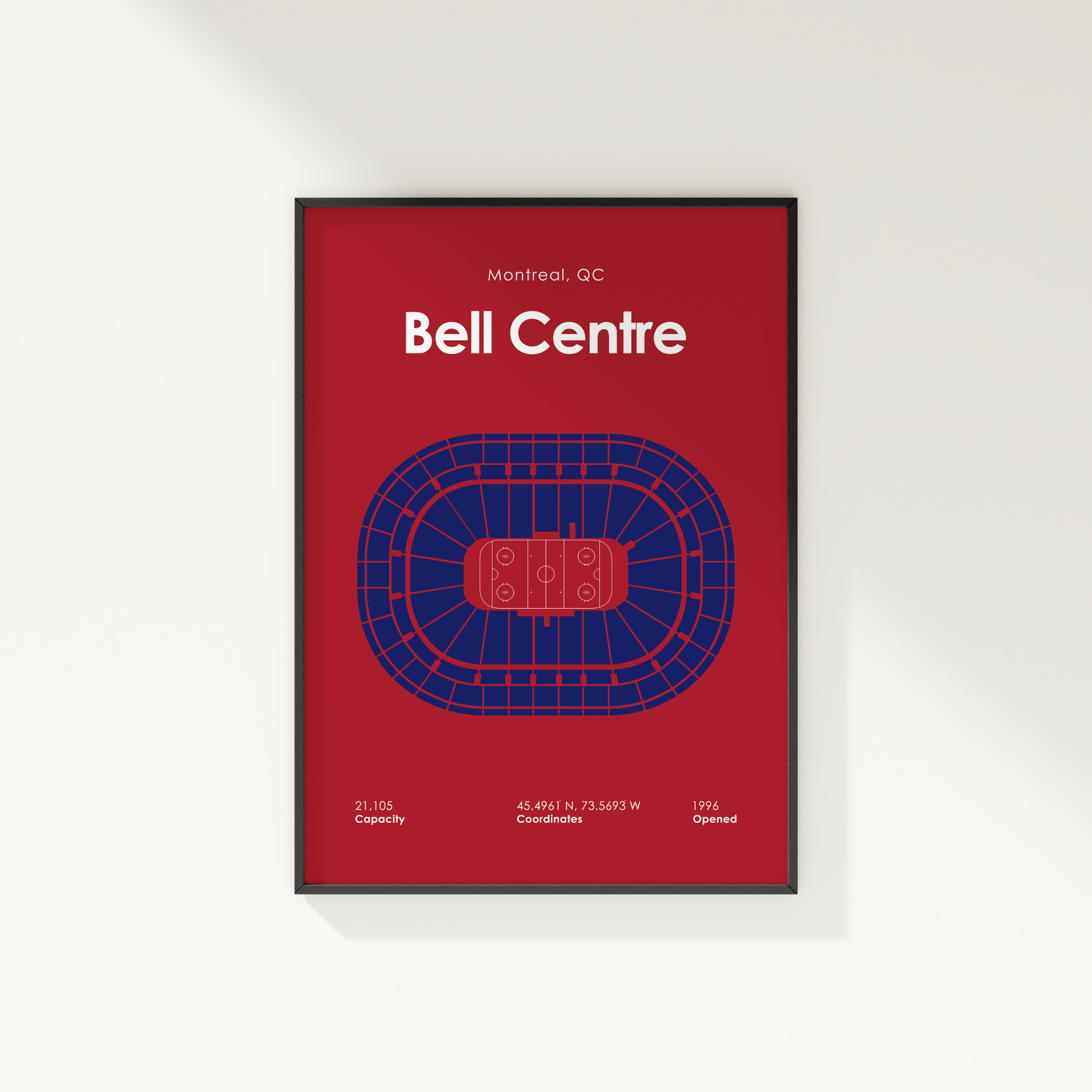 Framed poster of Bell Centre layout with red background and black frame