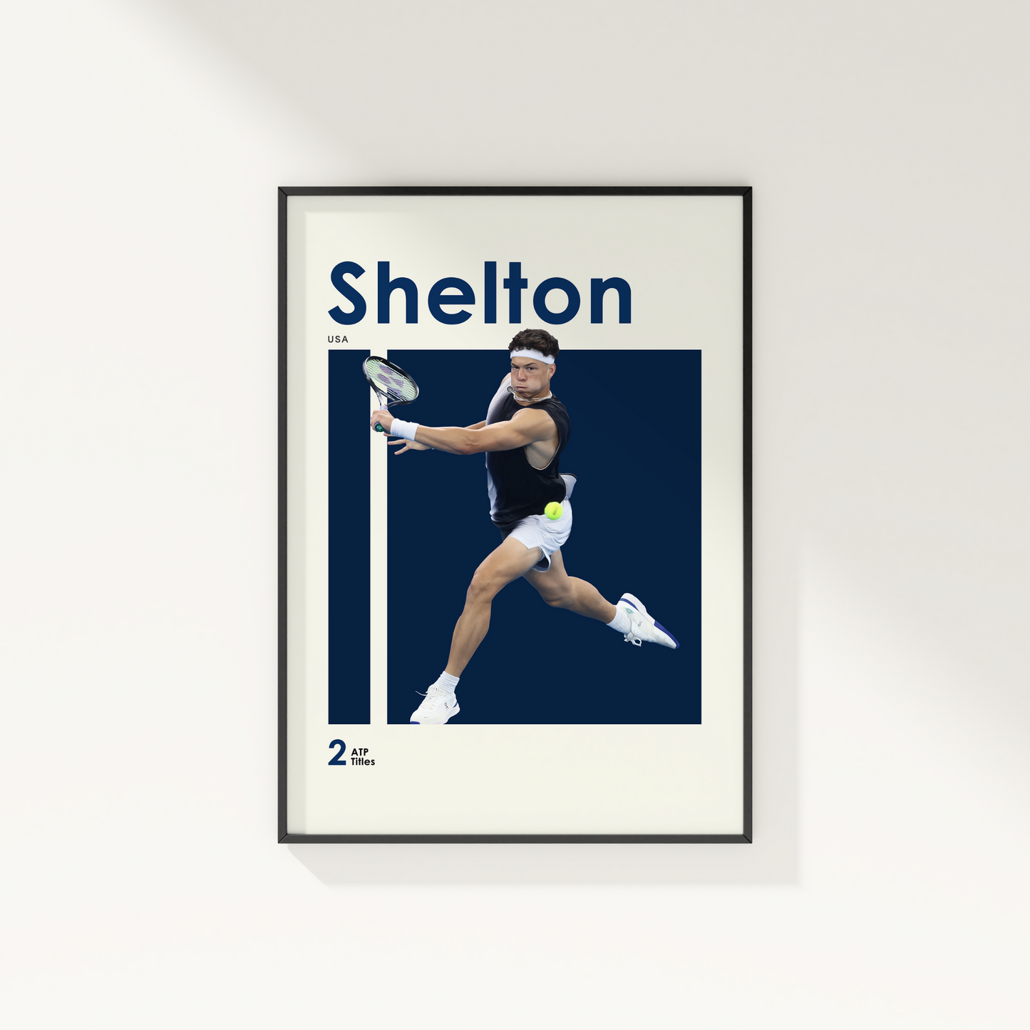 framed poster mockup of tennis player ben shelton hanging on a white wall