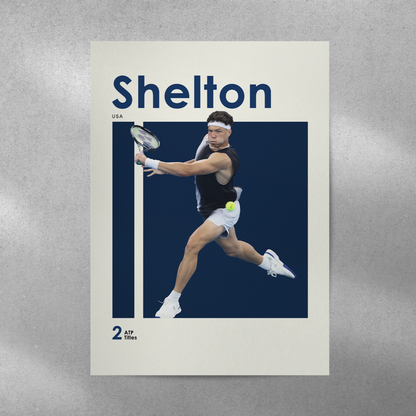 poster mockup of tennis player ben shelton on a grey wall