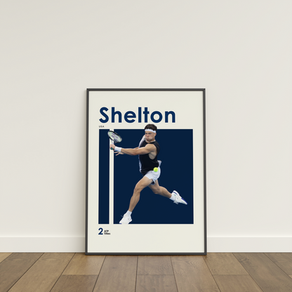 framed poster mockup of tennis player ben shelton leaning on a white wall