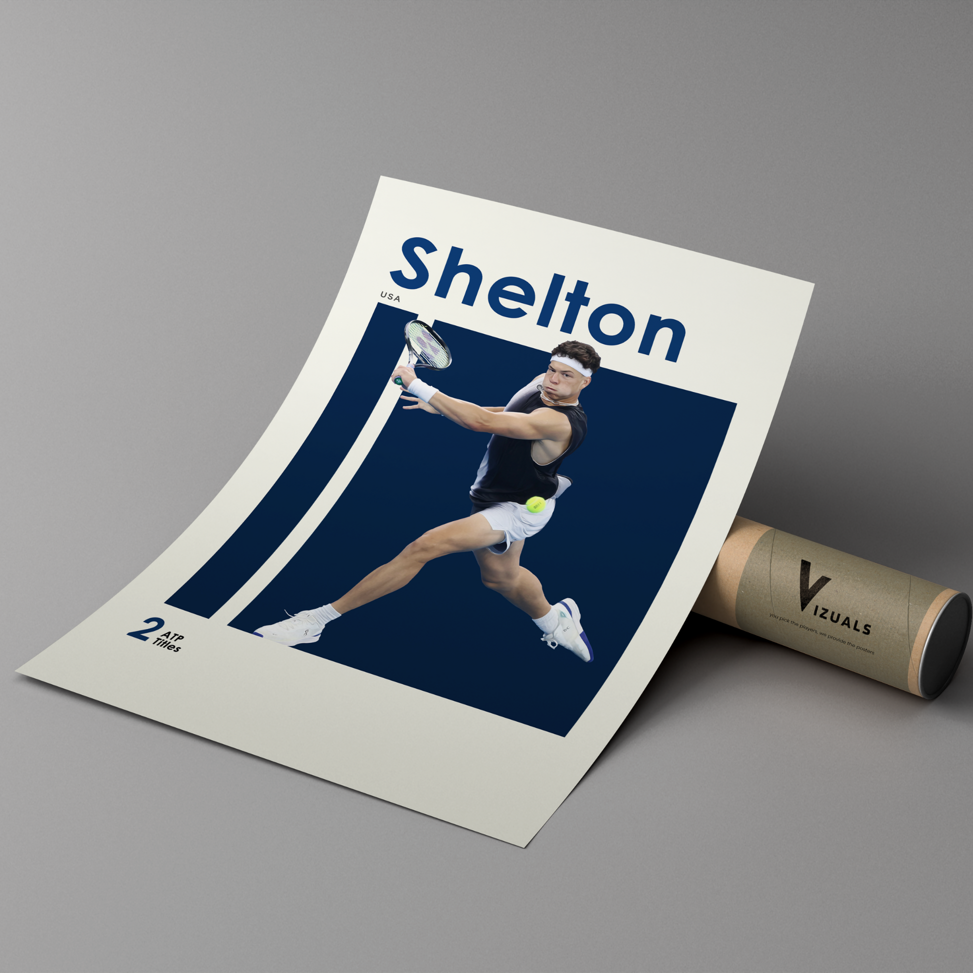 poster mockup of tennis player ben shelton leaning on a cardboard tube