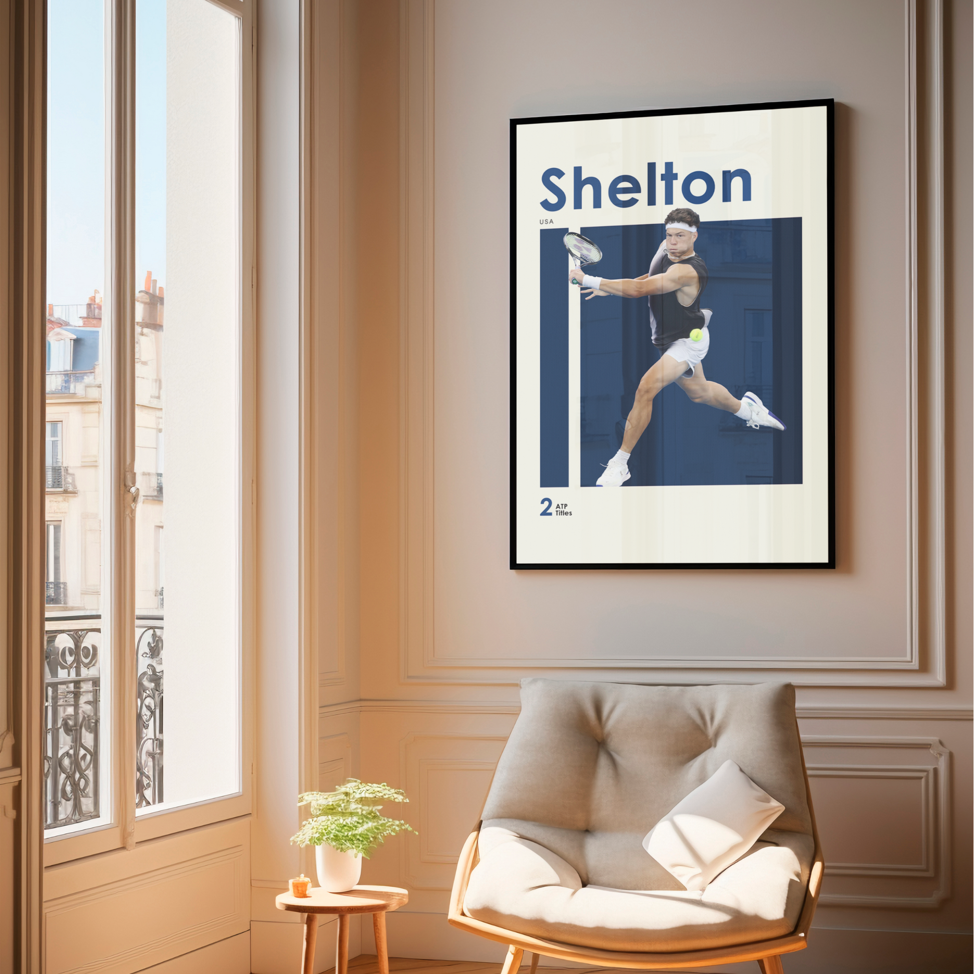 framed poster mockup of tennis player ben shelton hanging in a living room