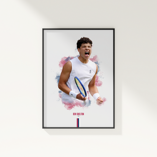 Framed poster of tennis player Ben Shelton holding a racket with watercolor accents on a white wall.