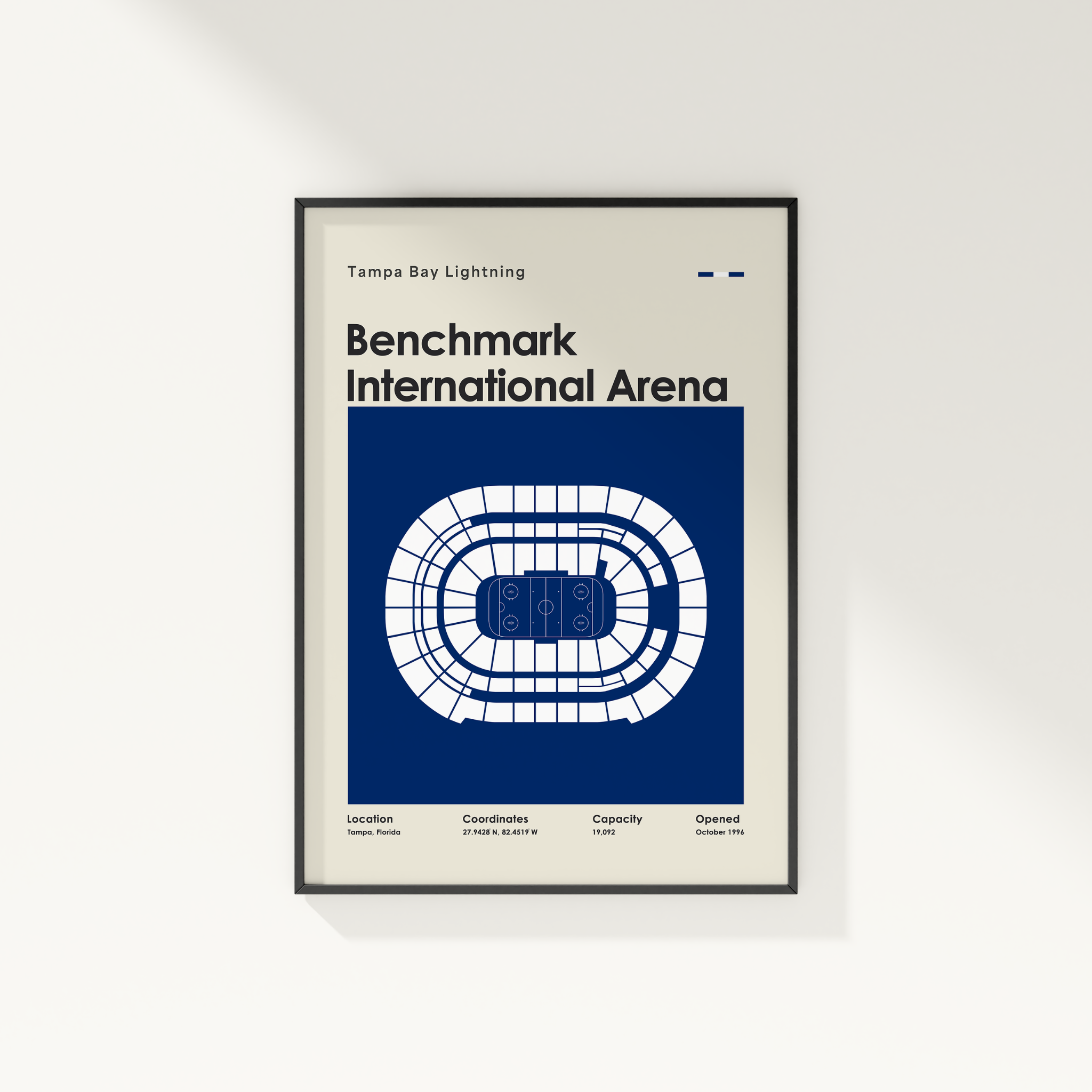 Framed poster of Benchmark International Arena with Tampa Bay Lightning text on a white wall.