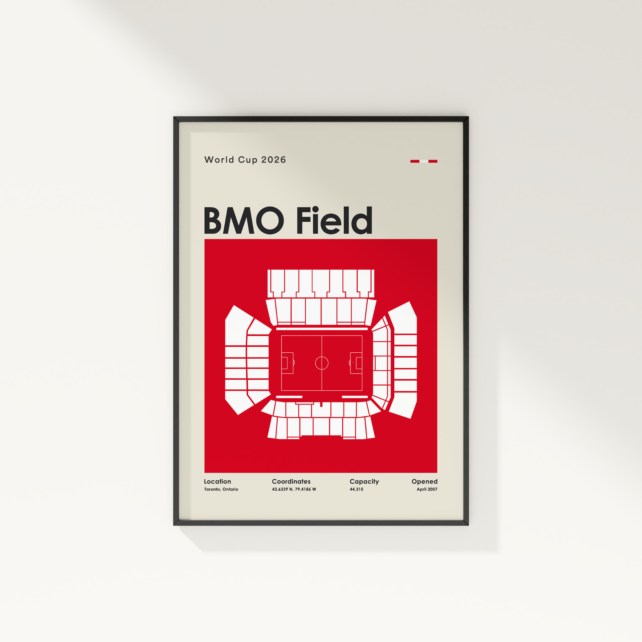 Framed poster of BMO Field with red and black design on a white background