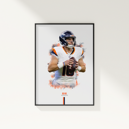 framed poster mockup of football player bo nix hanging on a white wall