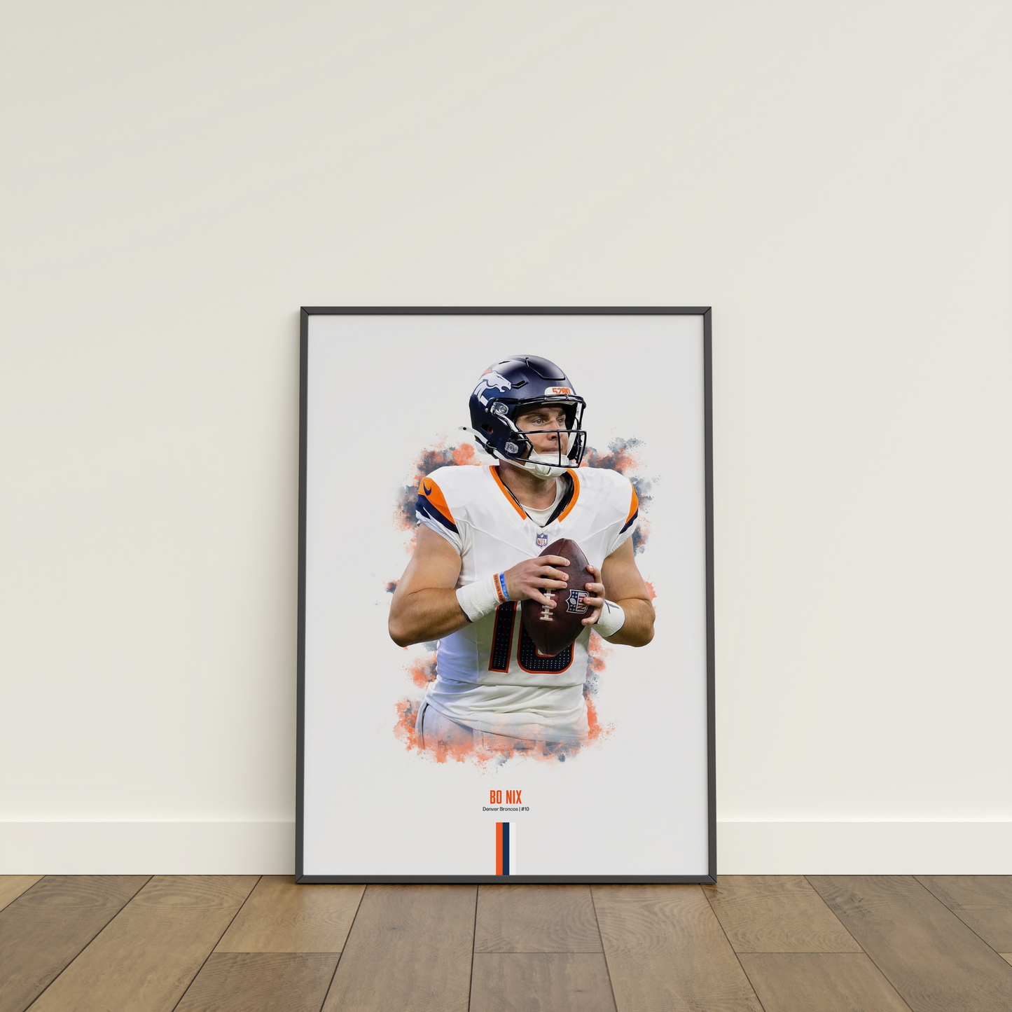 framed poster mockup of football player bo nix leaning on a white wall