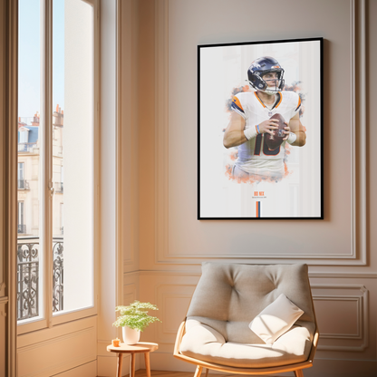 framed poster mockup of football player bo nix hanging in a living room