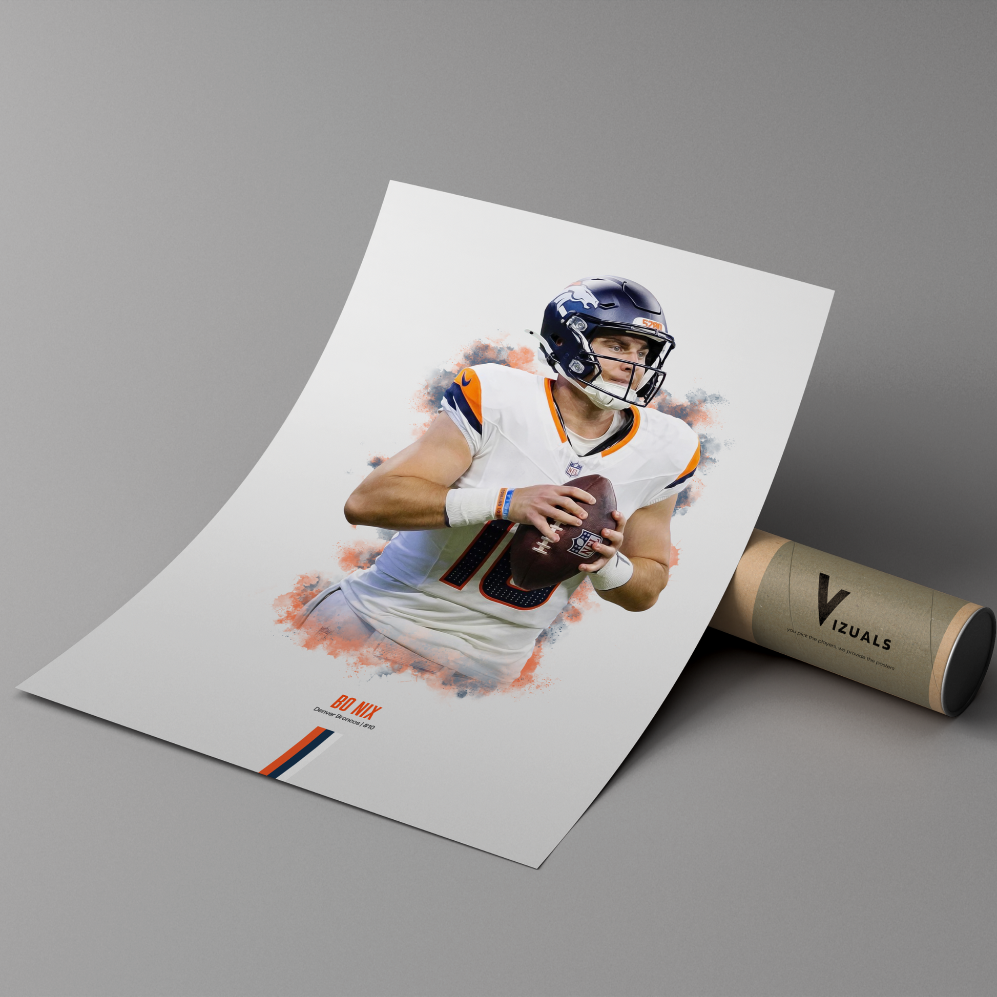 poster mockup of football player bo nix leaning on a cardboard tube