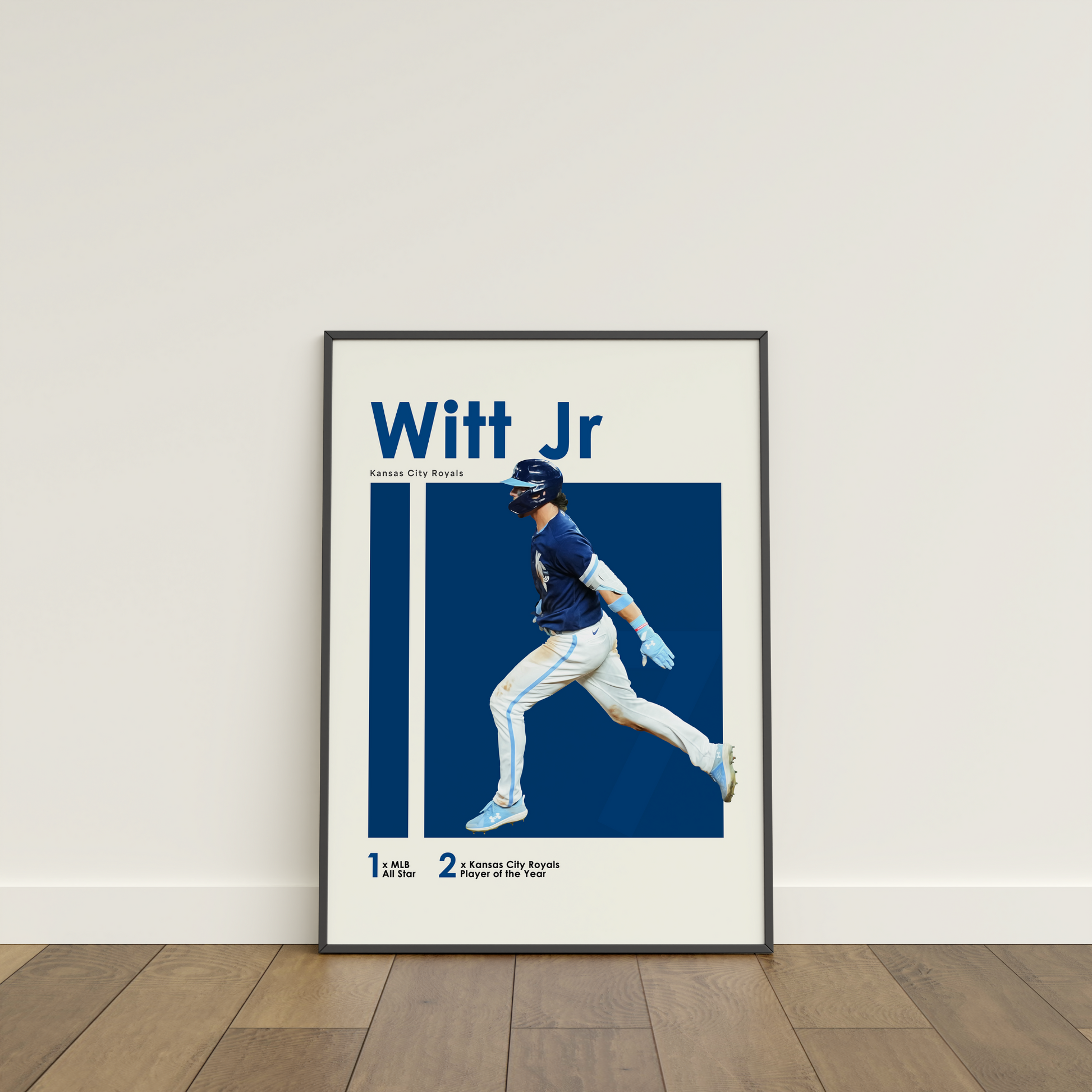 framed poster mockup of baseball player bobby witt jr leaning on a white wall