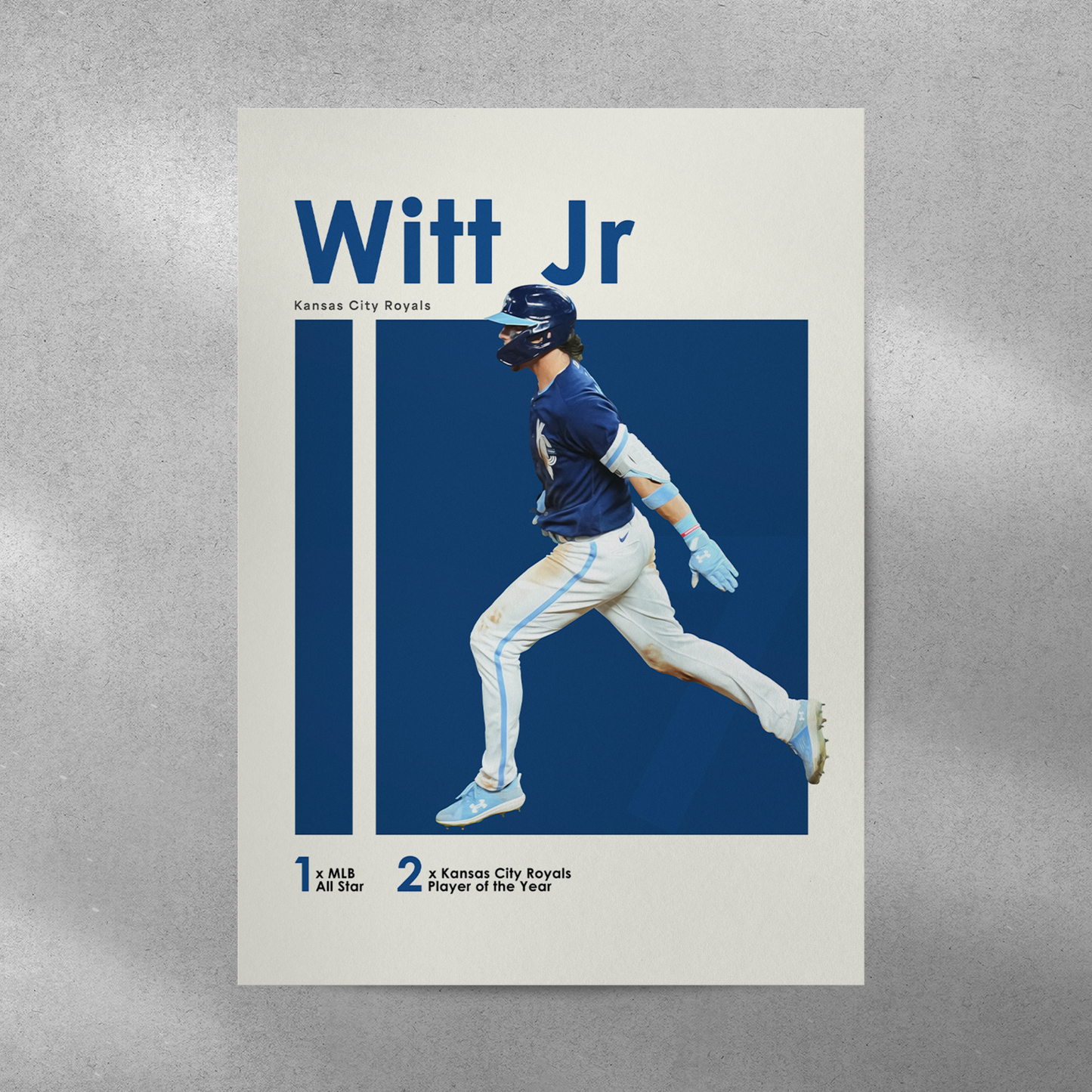 poster mockup of baseball player bobby witt jr on a grey wall