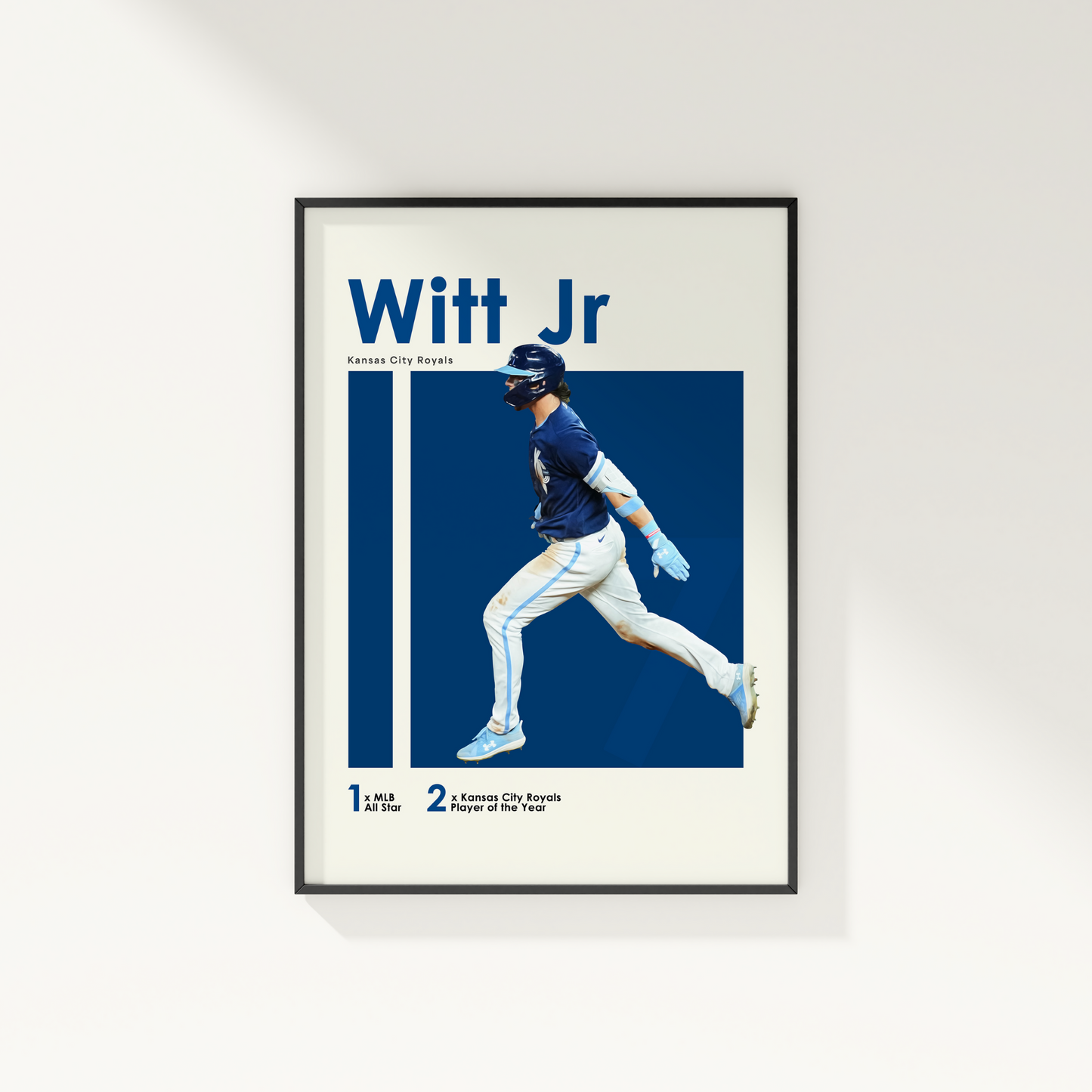 framed poster mockup of baseball player bobby witt jr hanging on a white wall