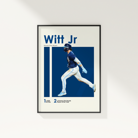 framed poster mockup of baseball player bobby witt jr hanging on a white wall