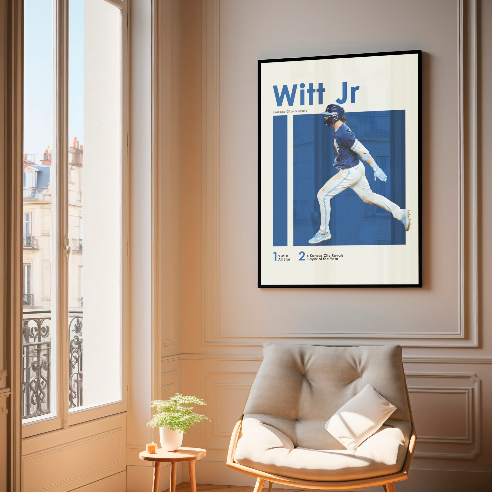 framed poster mockup of baseball player bobby witt jr hanging in a living room