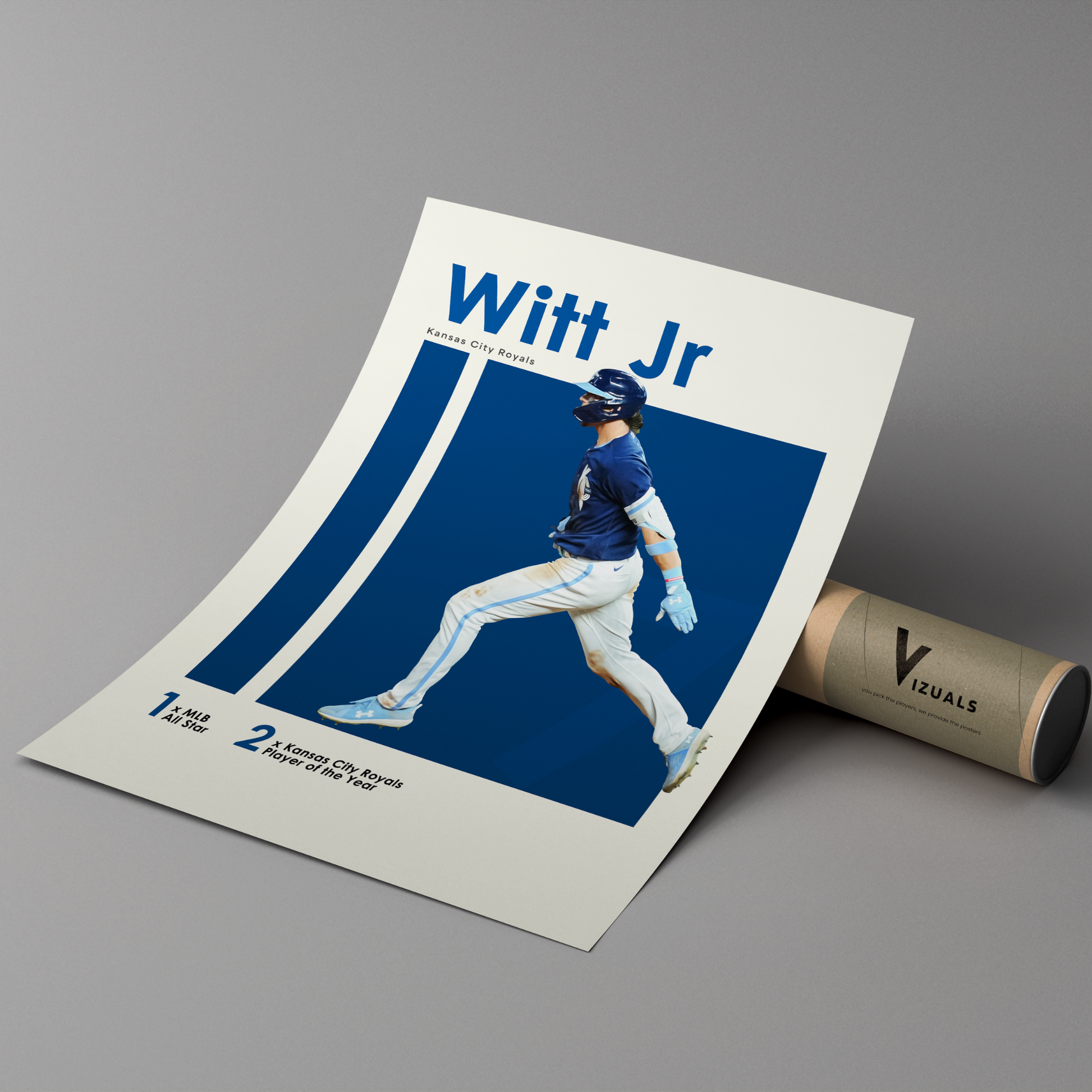 poster mockup of baseball player bobby witt jr leaning on a cardboard tube