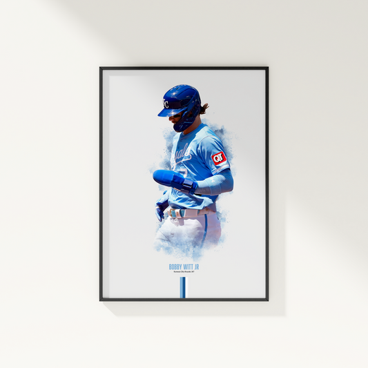 framed poster mockup of baseball player bobby witt jr hanging on a white wall