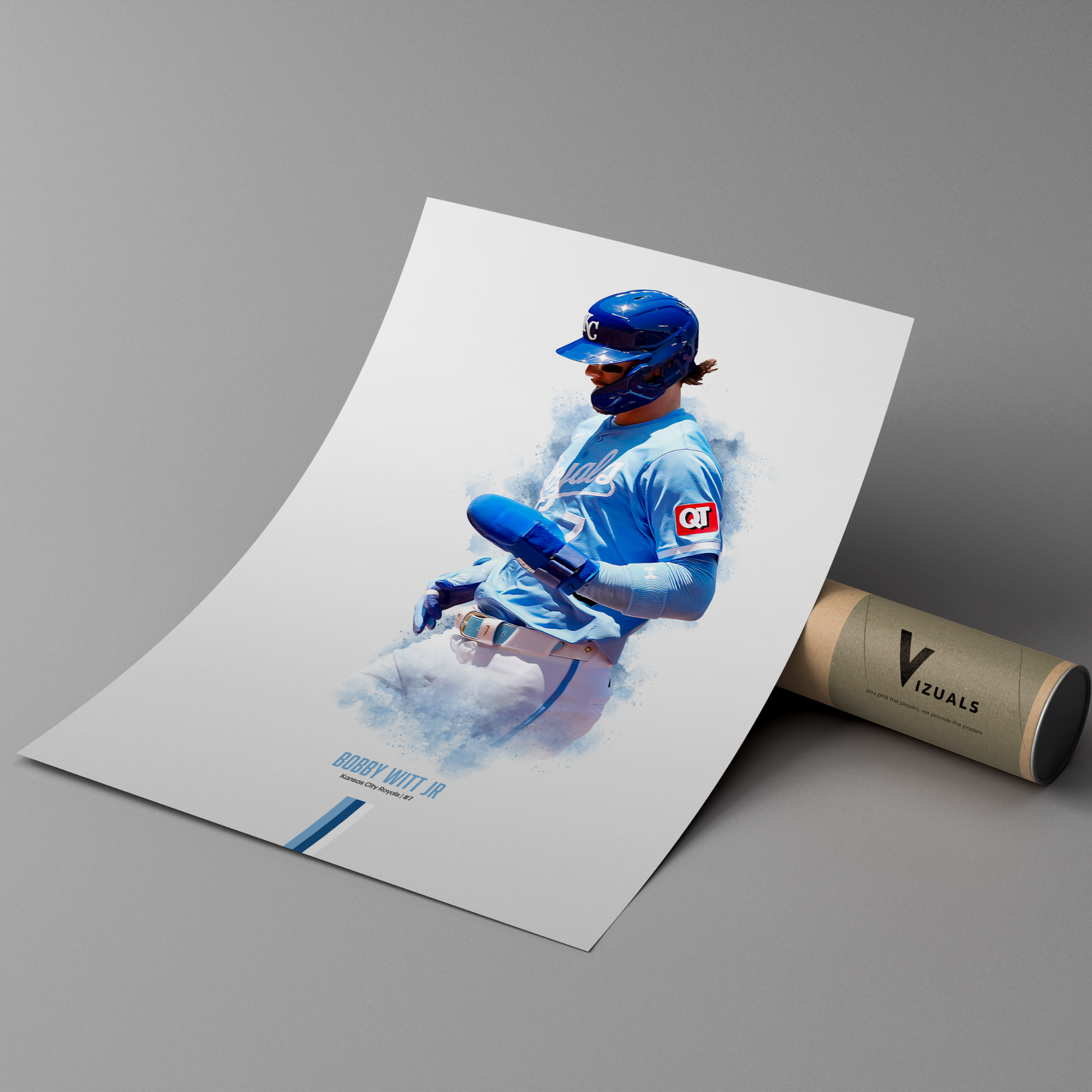 poster mockup of baseball player bobby witt jr leaning on a cardboard tube