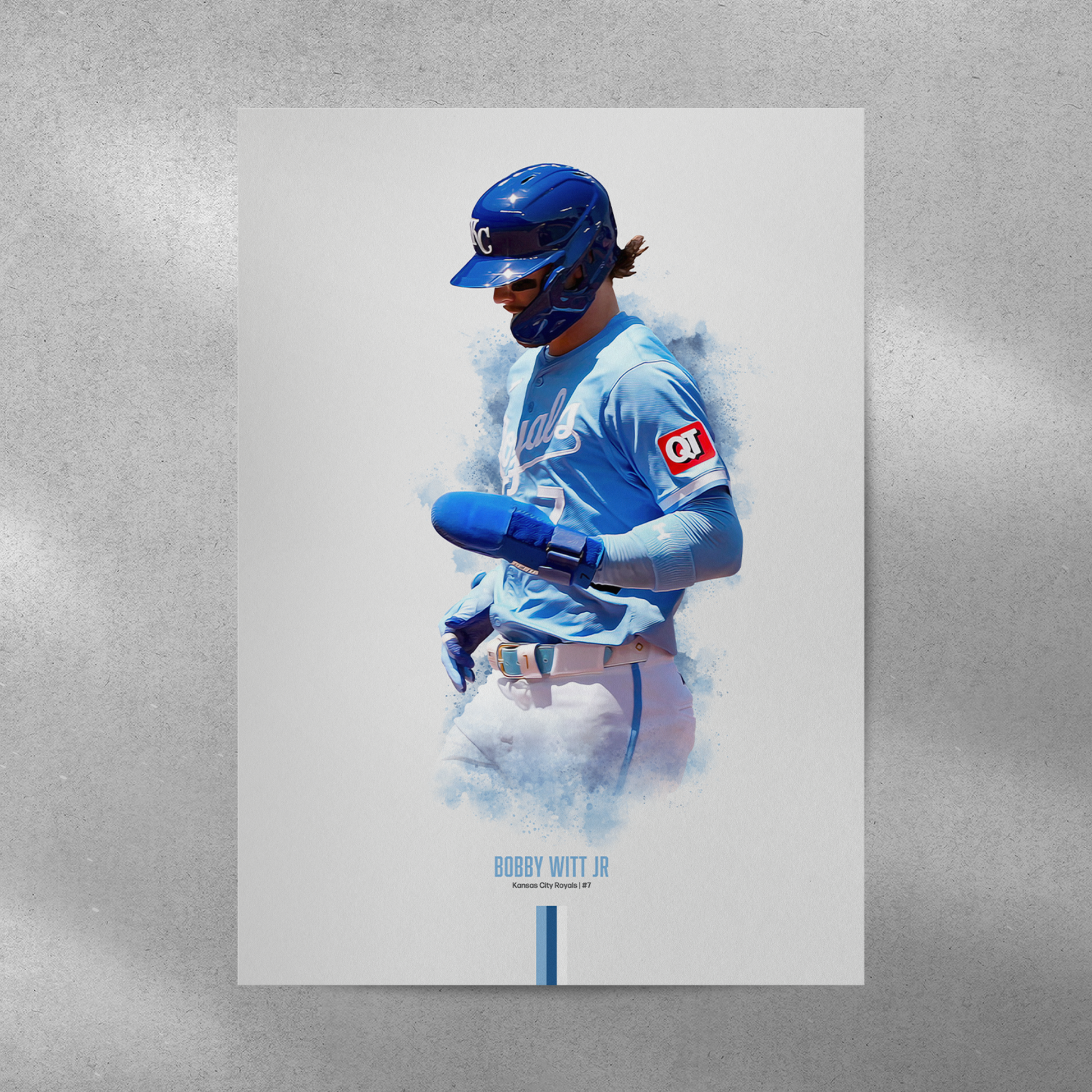 poster mockup of baseball player bobby witt jr on a grey wall