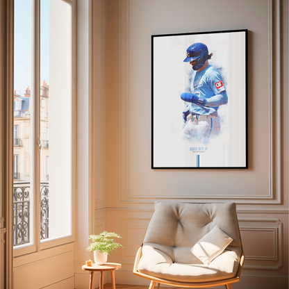 framed poster mockup of baseball player bobby witt jr hanging in a living room