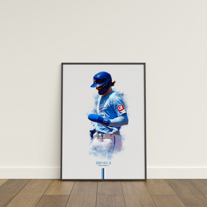 framed poster mockup of baseball player bobby witt jr leaning on a white wall