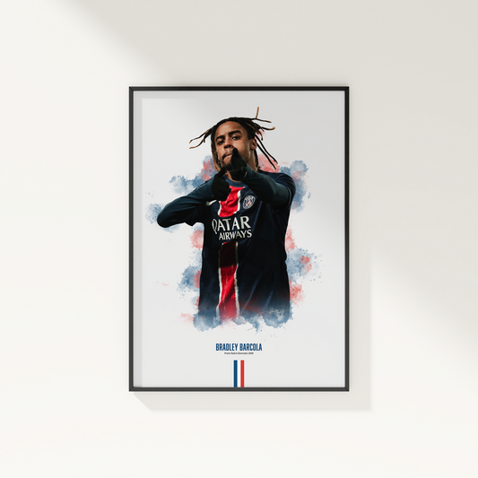 Framed poster print of soccer player Bradley Barcola, wearing a PSG jersey.