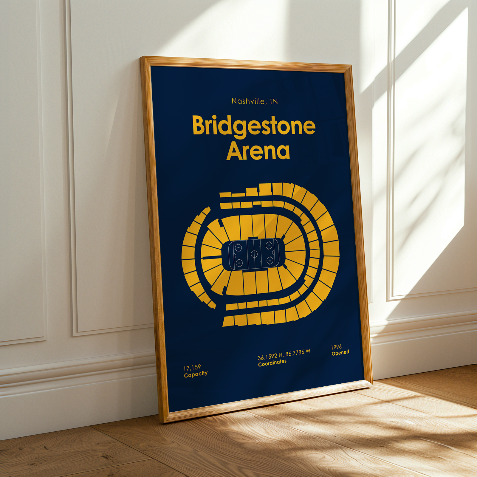 Framed poster of Bridgestone Arena in Nashville, TN on a wall.