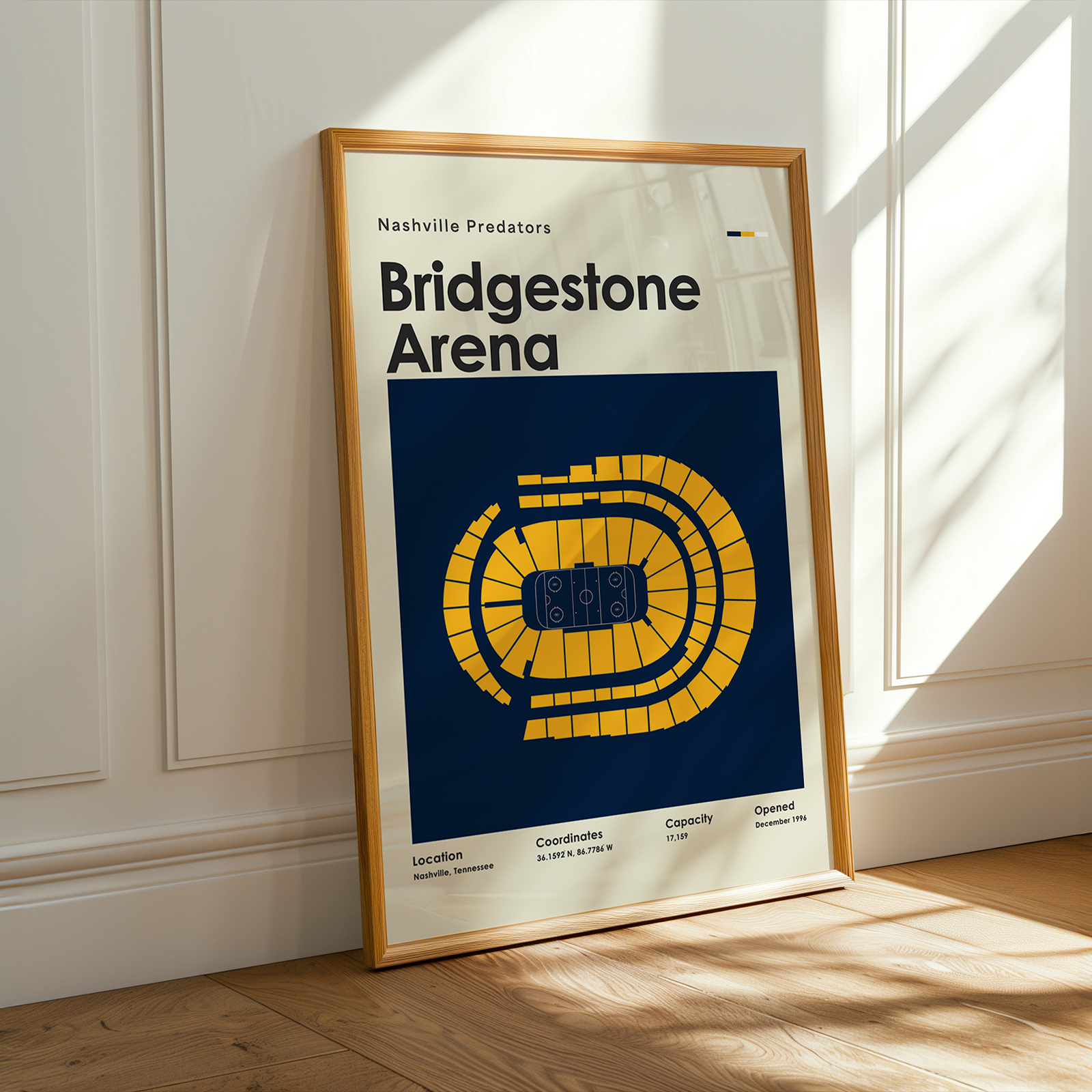 Framed poster of Bridgestone Arena with wooden frame on a light-colored wall.